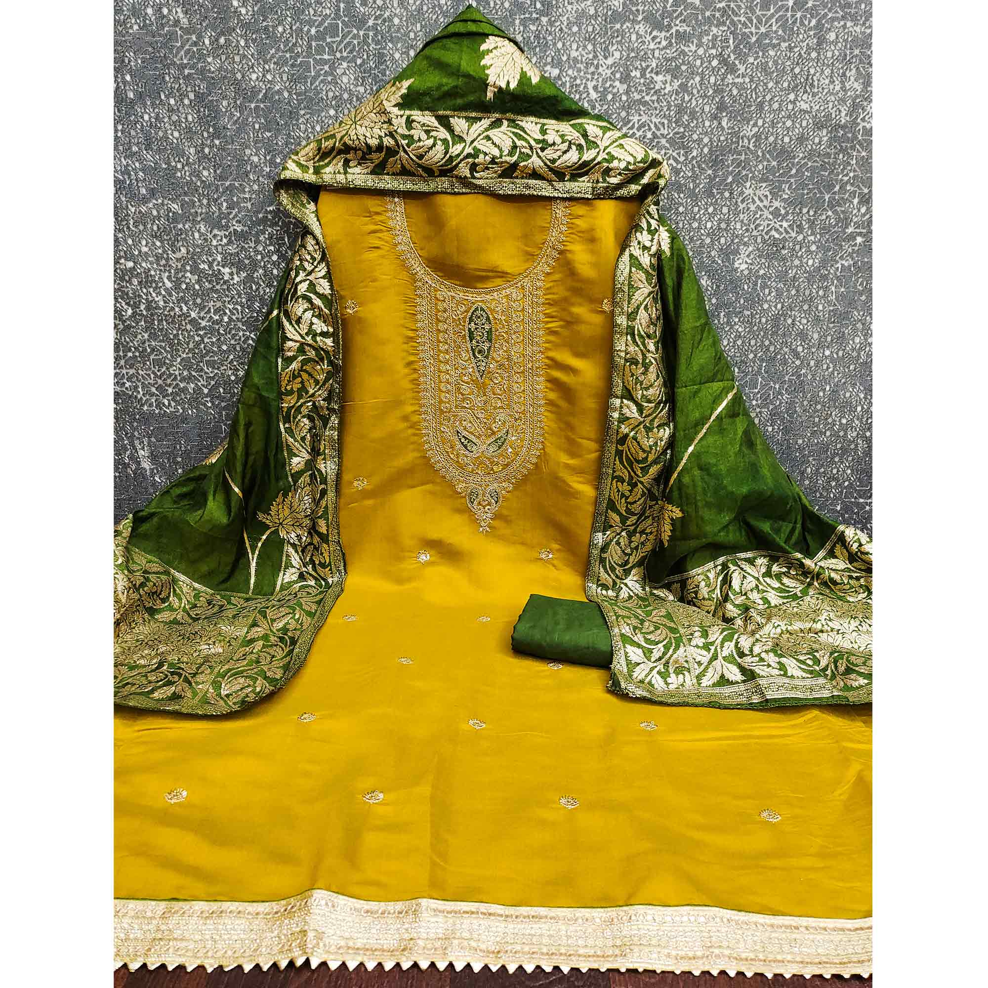 Stylish Mustad Floral Cording Embroidered Silk Blend Dress Material Accented With Sequins Work