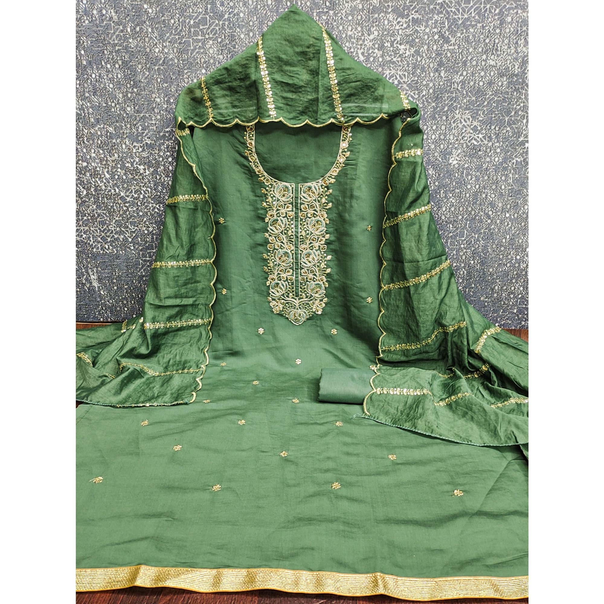 Classic Green Floral Cording Embroidered Silk Blend Dress Material With Glittering Sequins Work