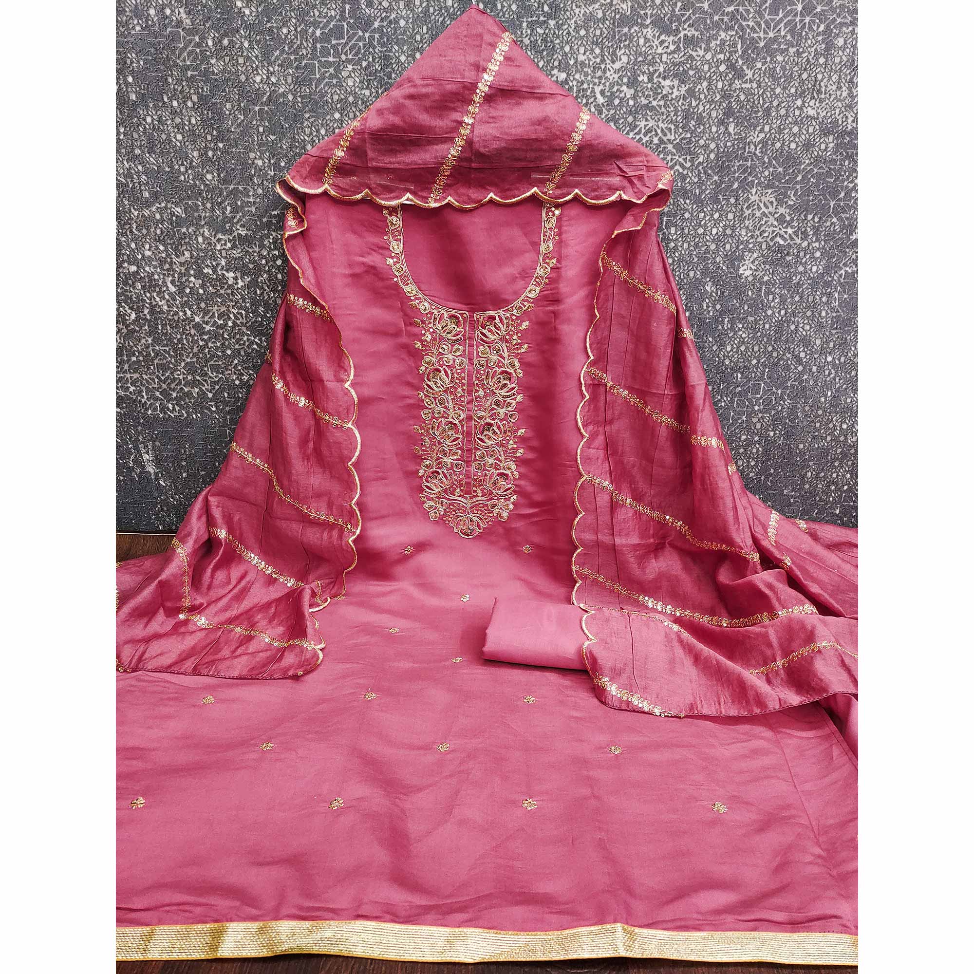 Classic Pink Floral Cording Embroidered Silk Blend Dress Material With Glittering Sequins Work