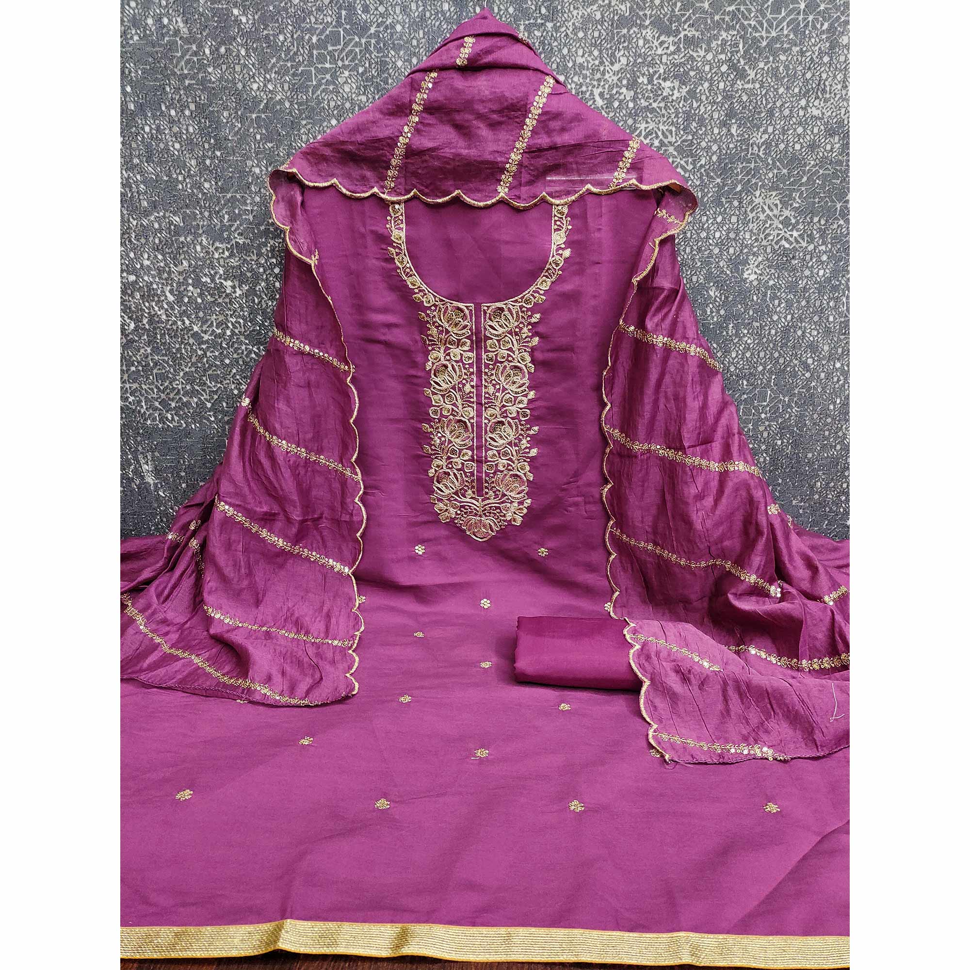 Classic Purple Floral Cording Embroidered Silk Blend Dress Material With Glittering Sequins Work