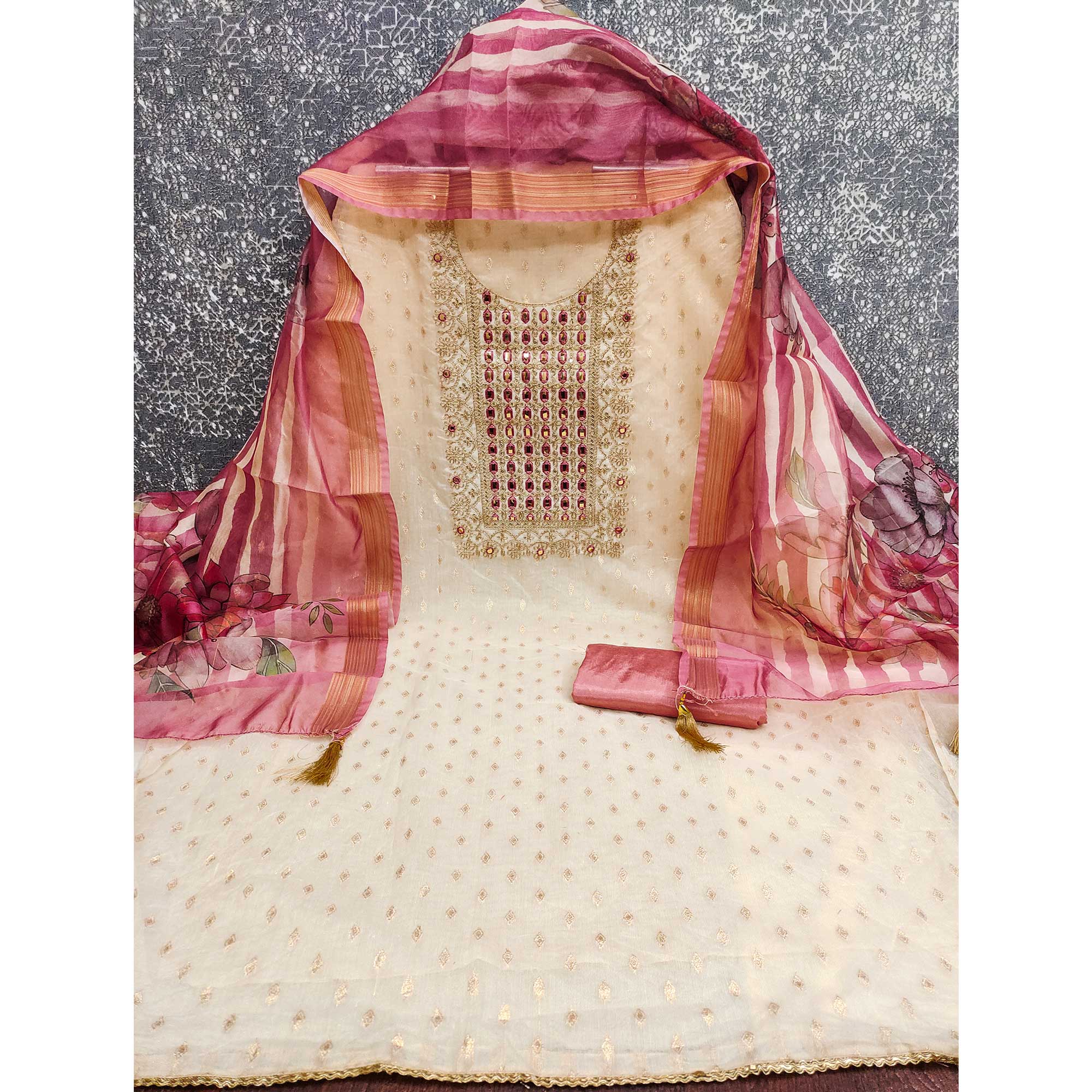 Cream & Peach Shimmer Dress Material Featuring Butti Weaving With Sequins Cording Embroidery