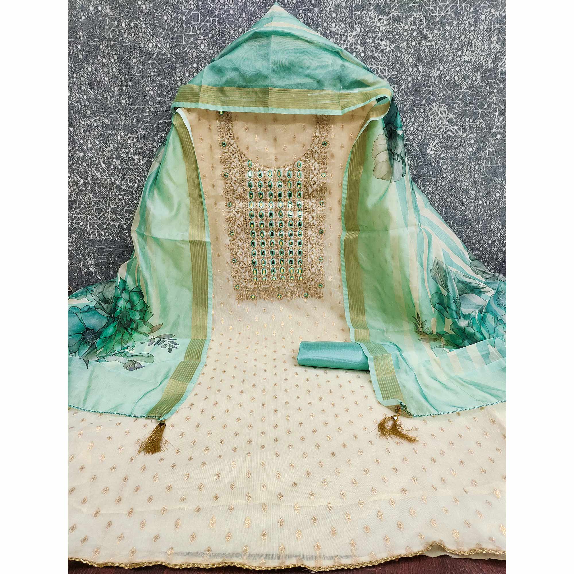 Cream & Turquoise Shimmer Dress Material Featuring Butti Weaving With Sequins Cording Embroidery