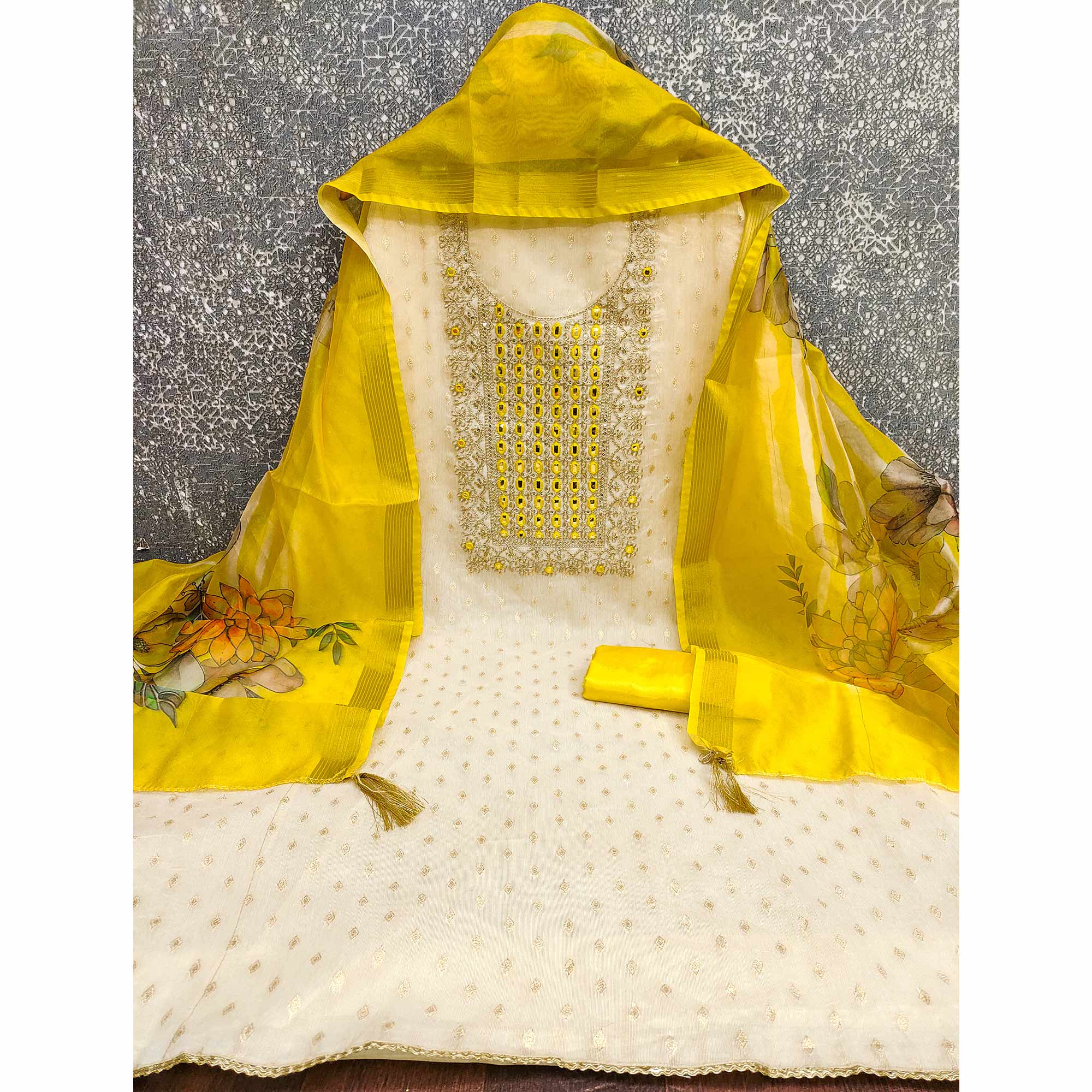 Cream & Yellow Shimmer Dress Material Featuring Butti Weaving With Sequins Cording Embroidery