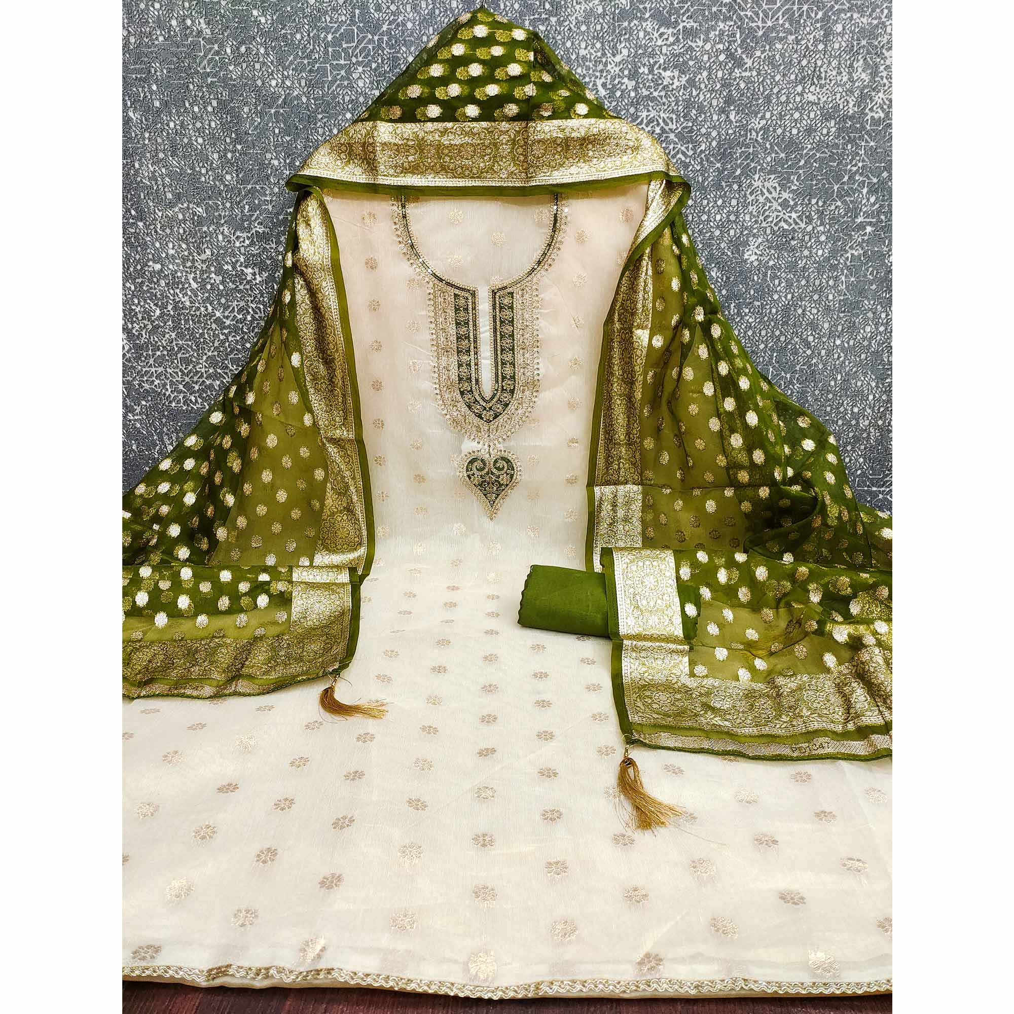 Graceful Cream & Mehendi Butti Weaving Shimmer Dress Material Adorned With Cording Embroidery Work