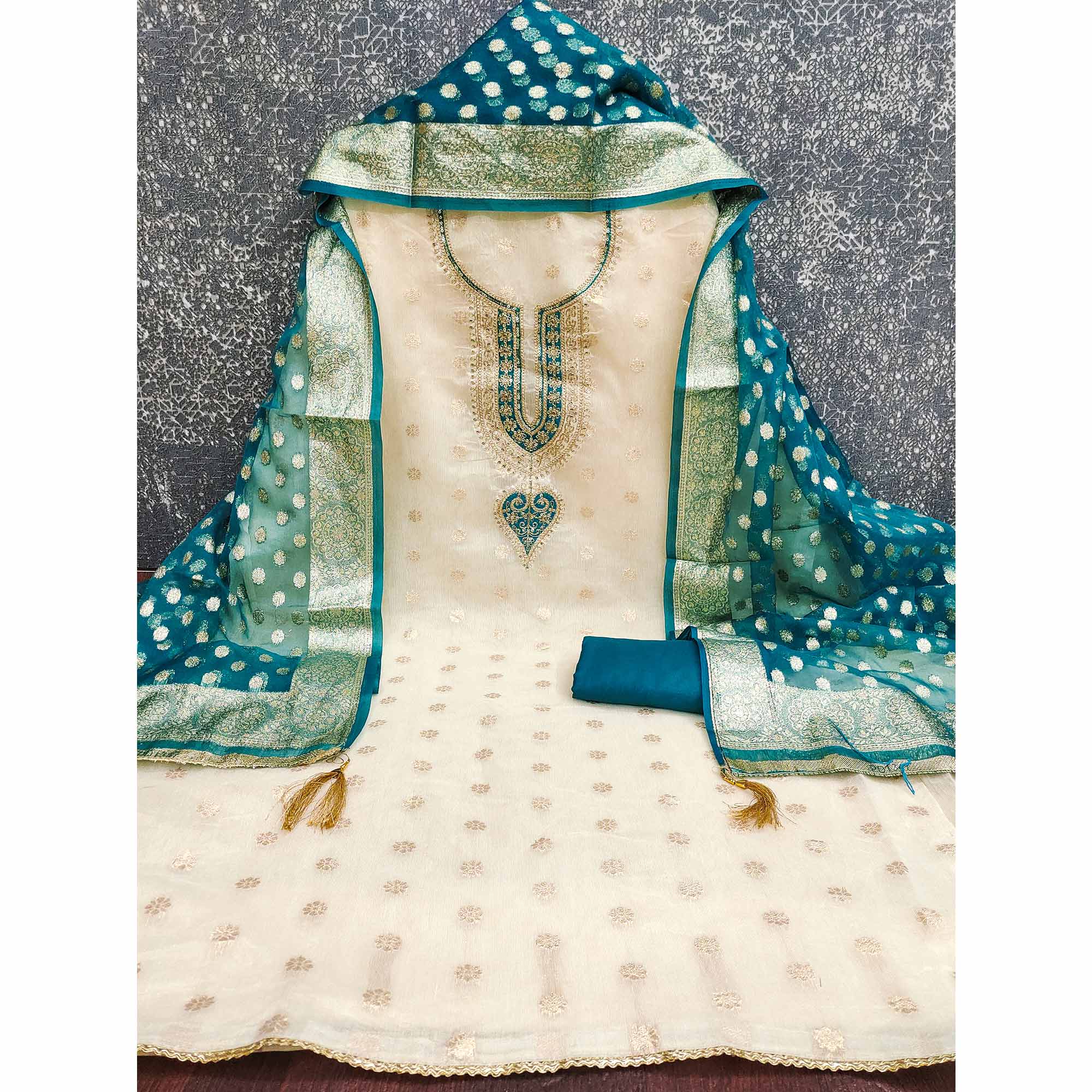 Graceful Cream & Morpich Butti Weaving Shimmer Dress Material Adorned With Cording Embroidery Work