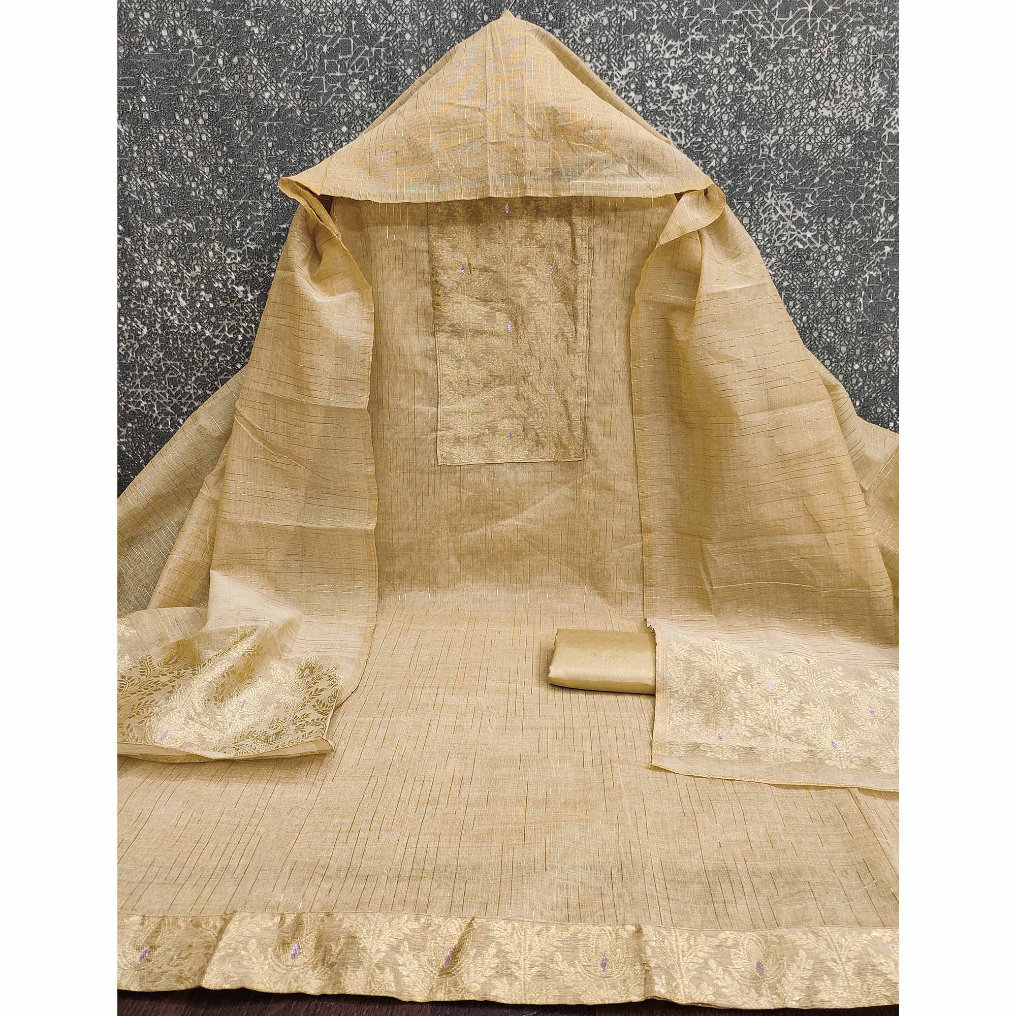 Premium Chikoo Floral Weaving Crafted Cotton Silk Jacquard Dress Material