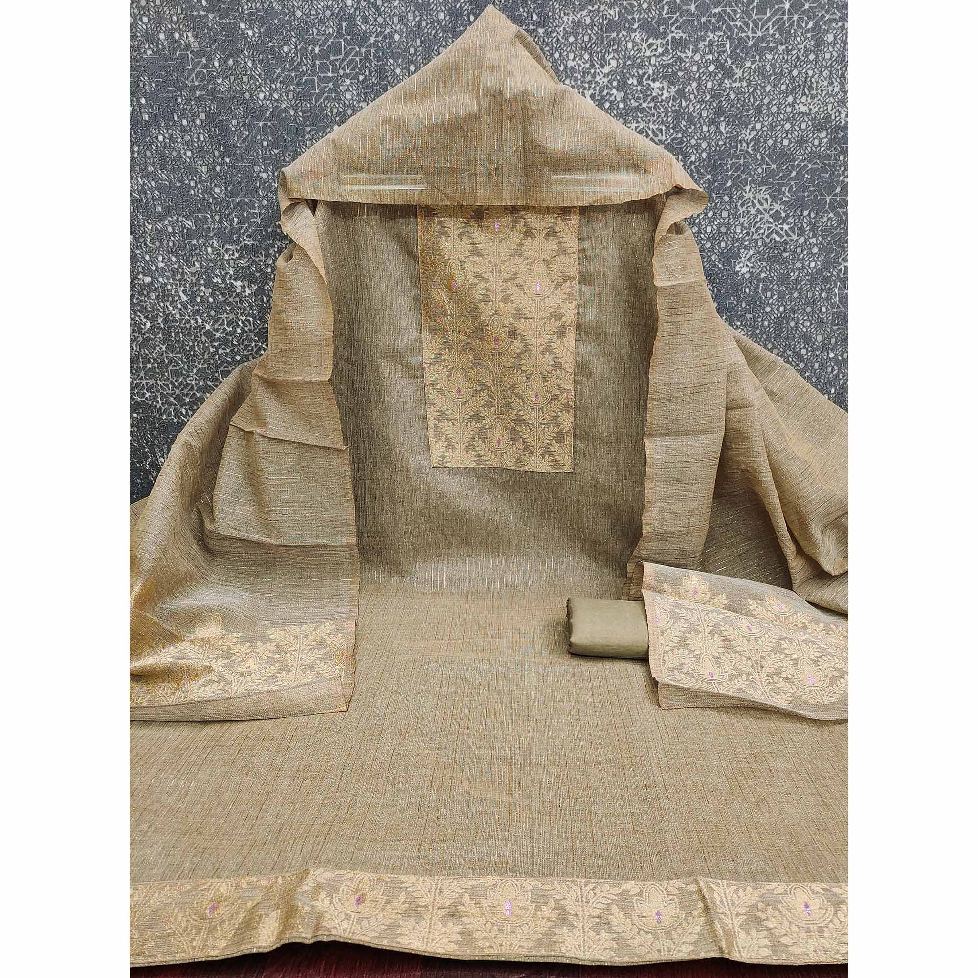 Premium Grey Floral Weaving Crafted Cotton Silk Jacquard Dress Material