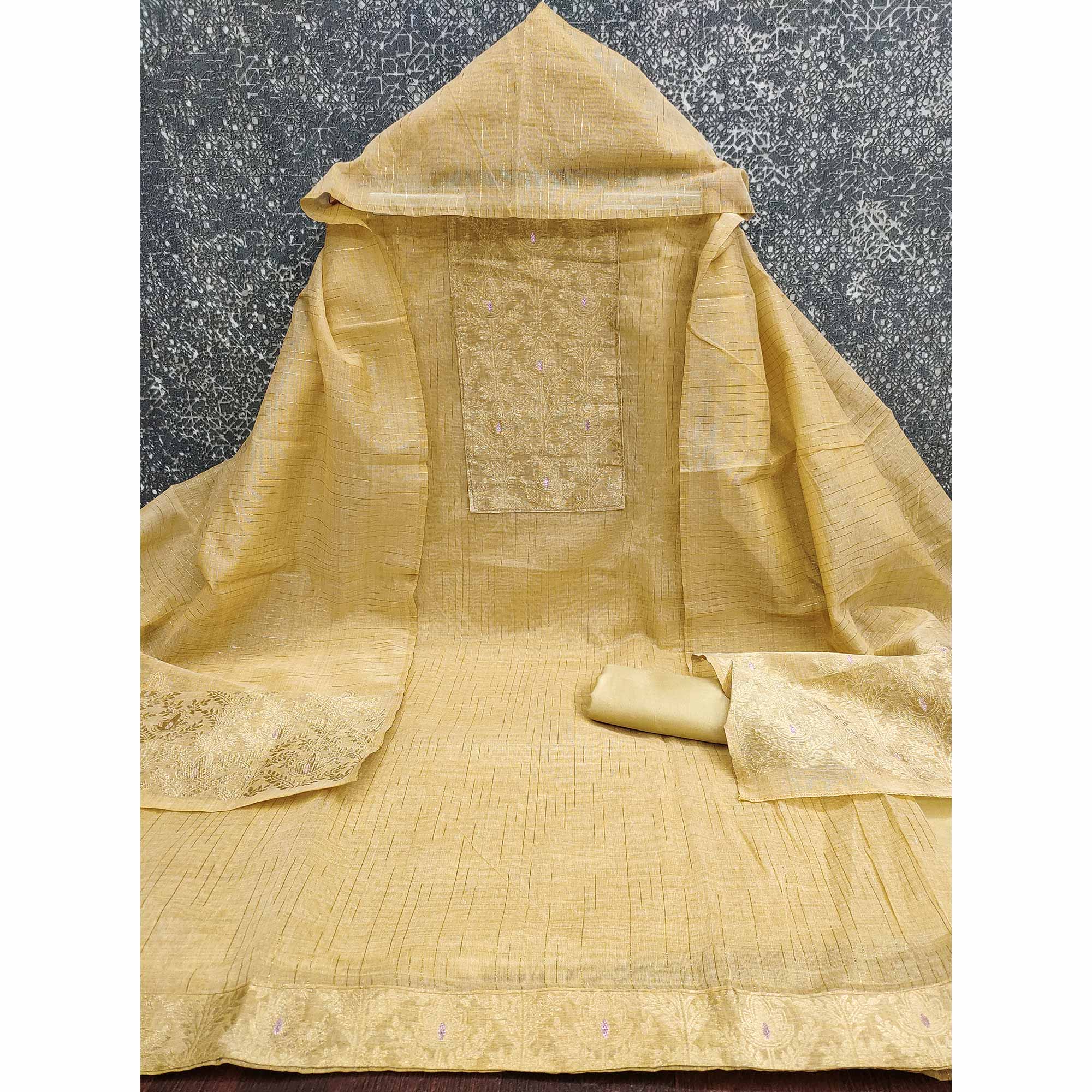 Premium Mustard Floral Weaving Crafted Cotton Silk Jacquard Dress Material