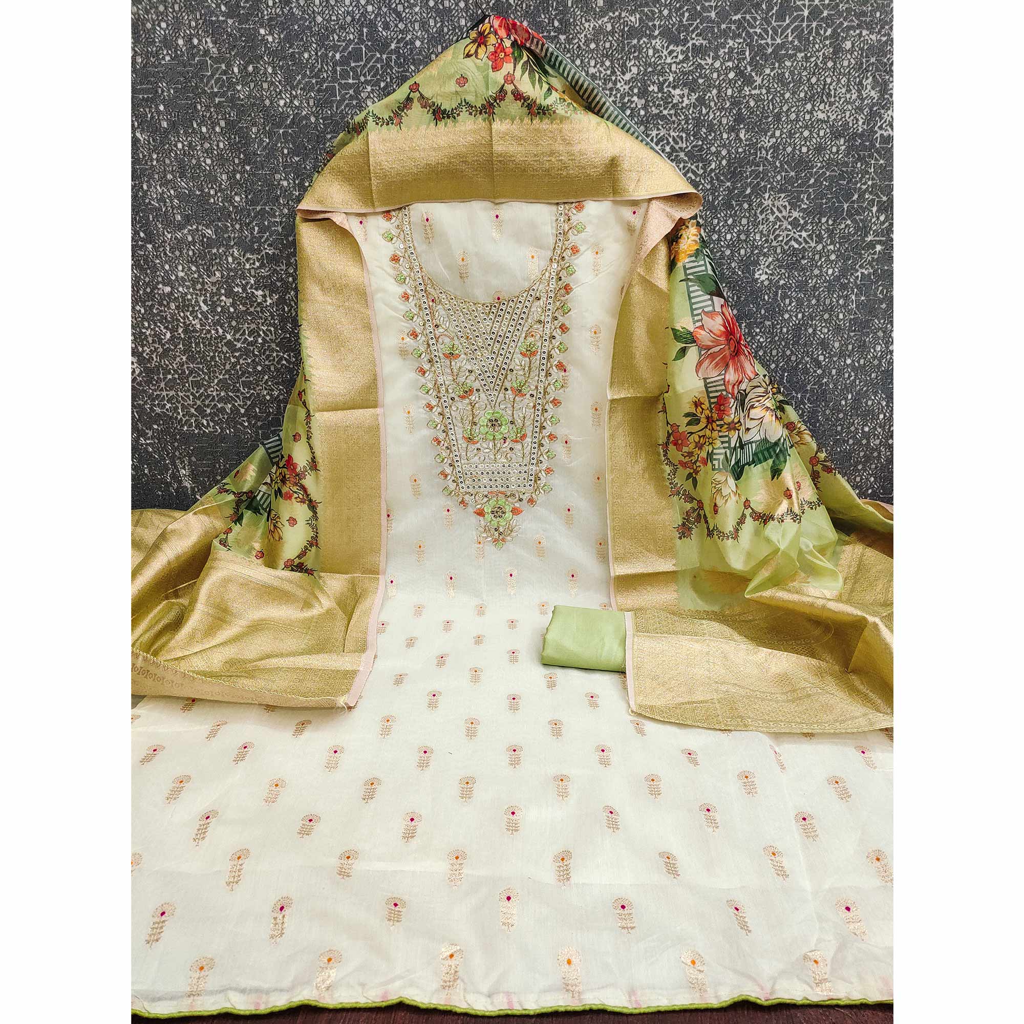 Offwhite & Green Floral Woven With Sequins Cording Embroidery Meenakari Jacquard Dress Material