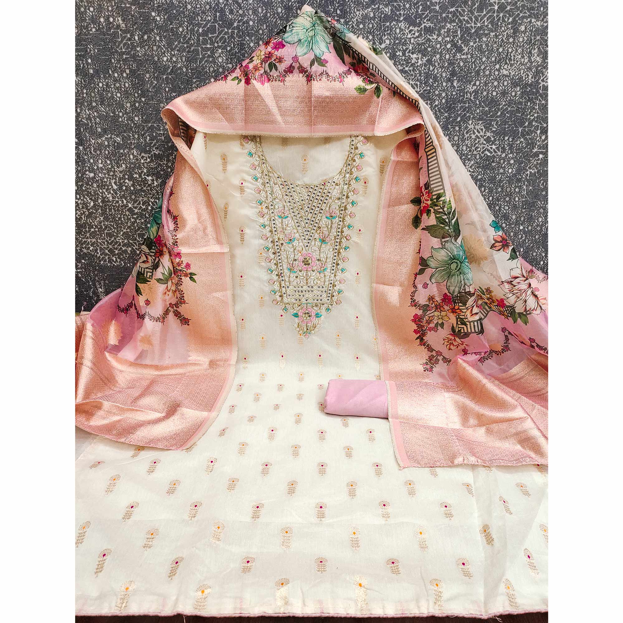 Offwhite & Pink Floral Woven With Sequins Cording Embroidery Meenakari Jacquard Dress Material