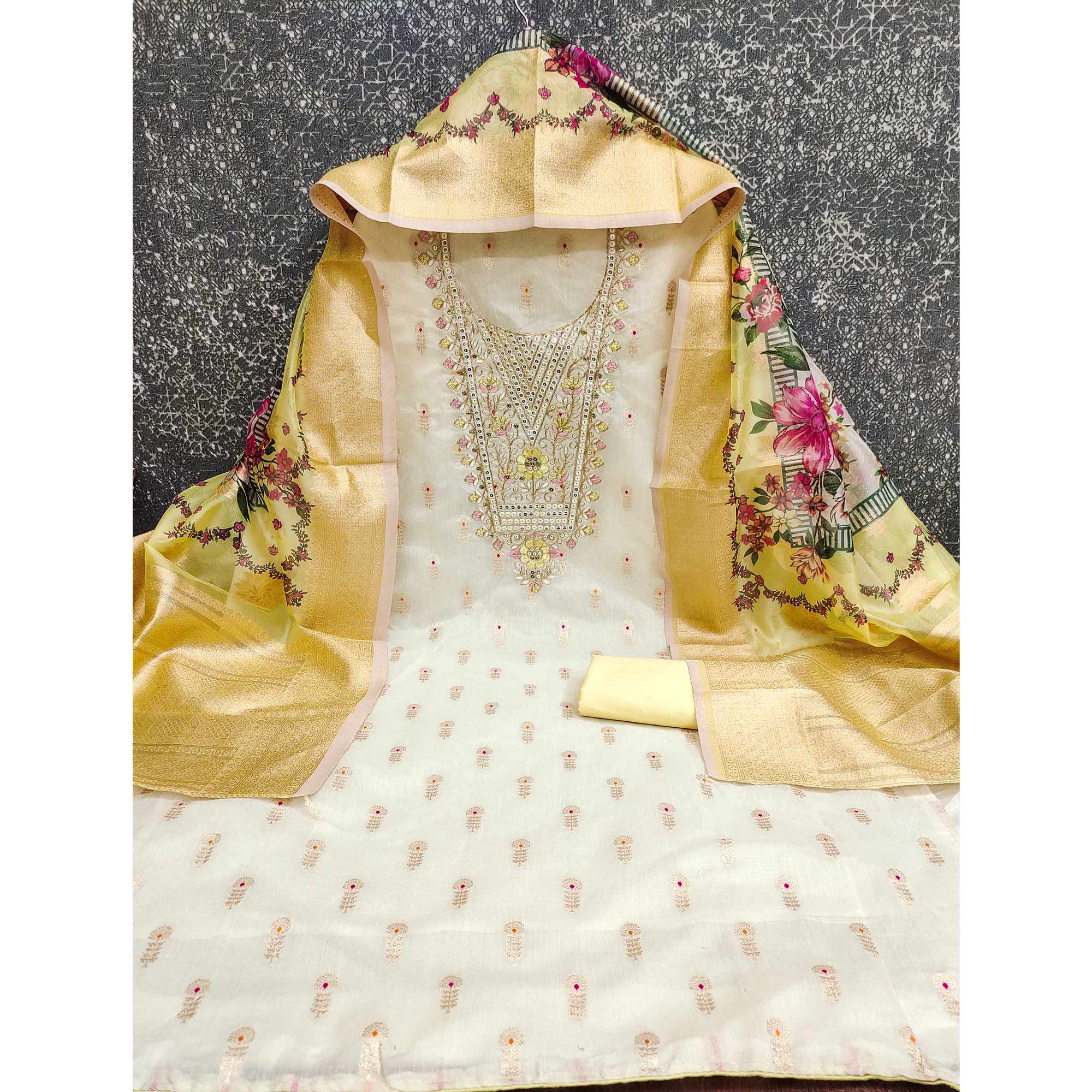 Offwhite & Yellow Floral Woven With Sequins Cording Embroidery Meenakari Jacquard Dress Material