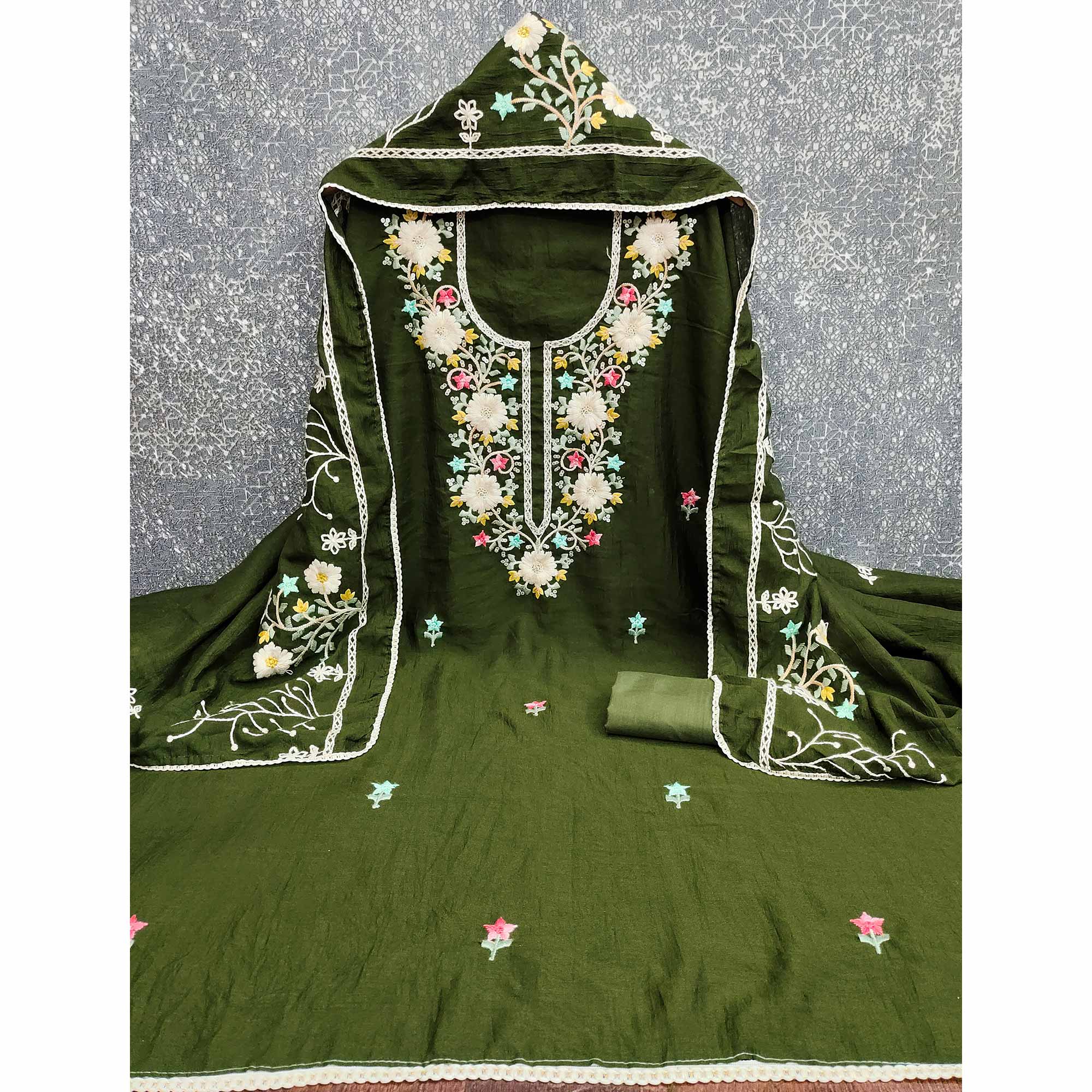 Stylish Mehendi Green Floral Thread & Sequins Detailed Embroidery Vichitra Silk Dress Material