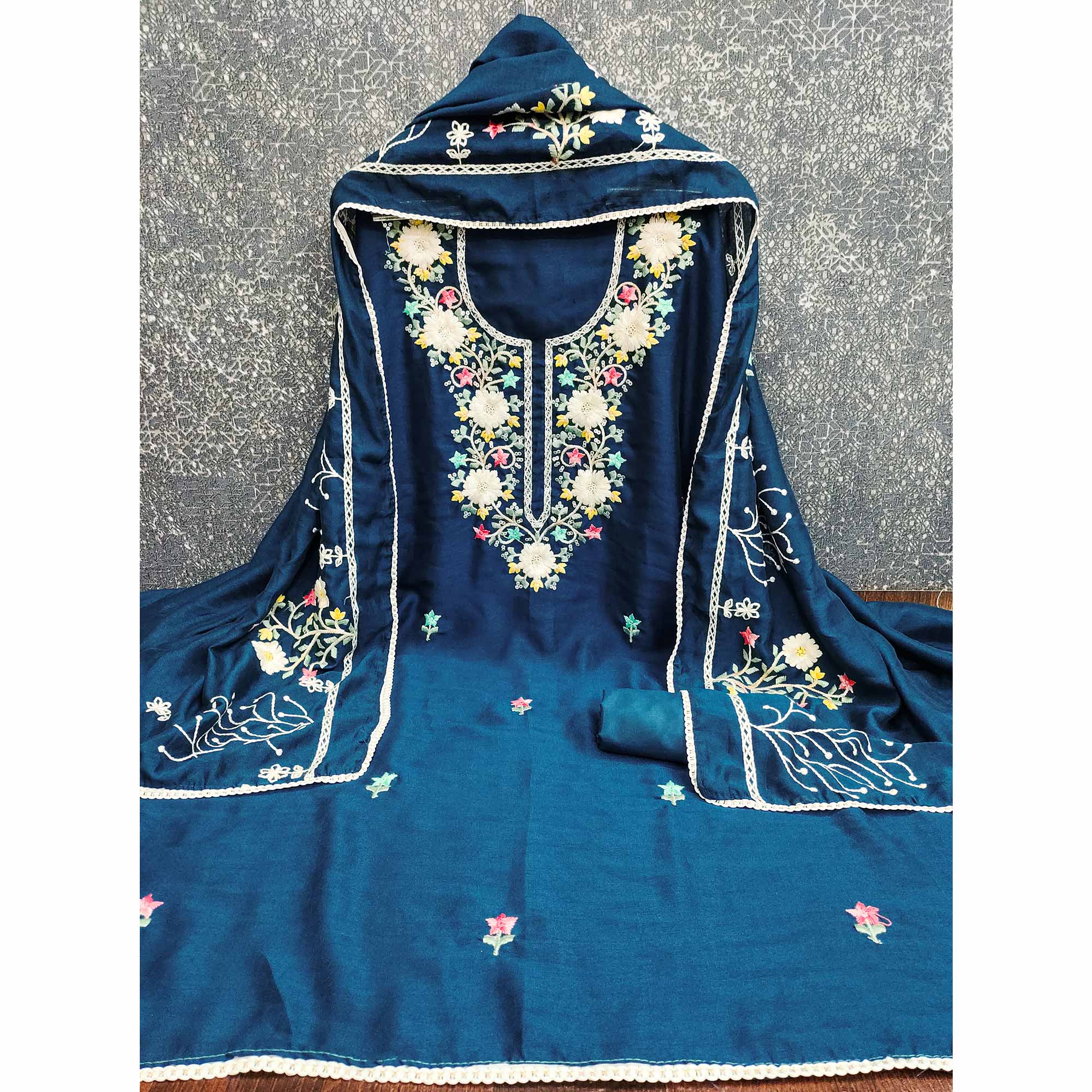 Stylish Morpich Blue Floral Thread & Sequins Detailed Embroidery Vichitra Silk Dress Material