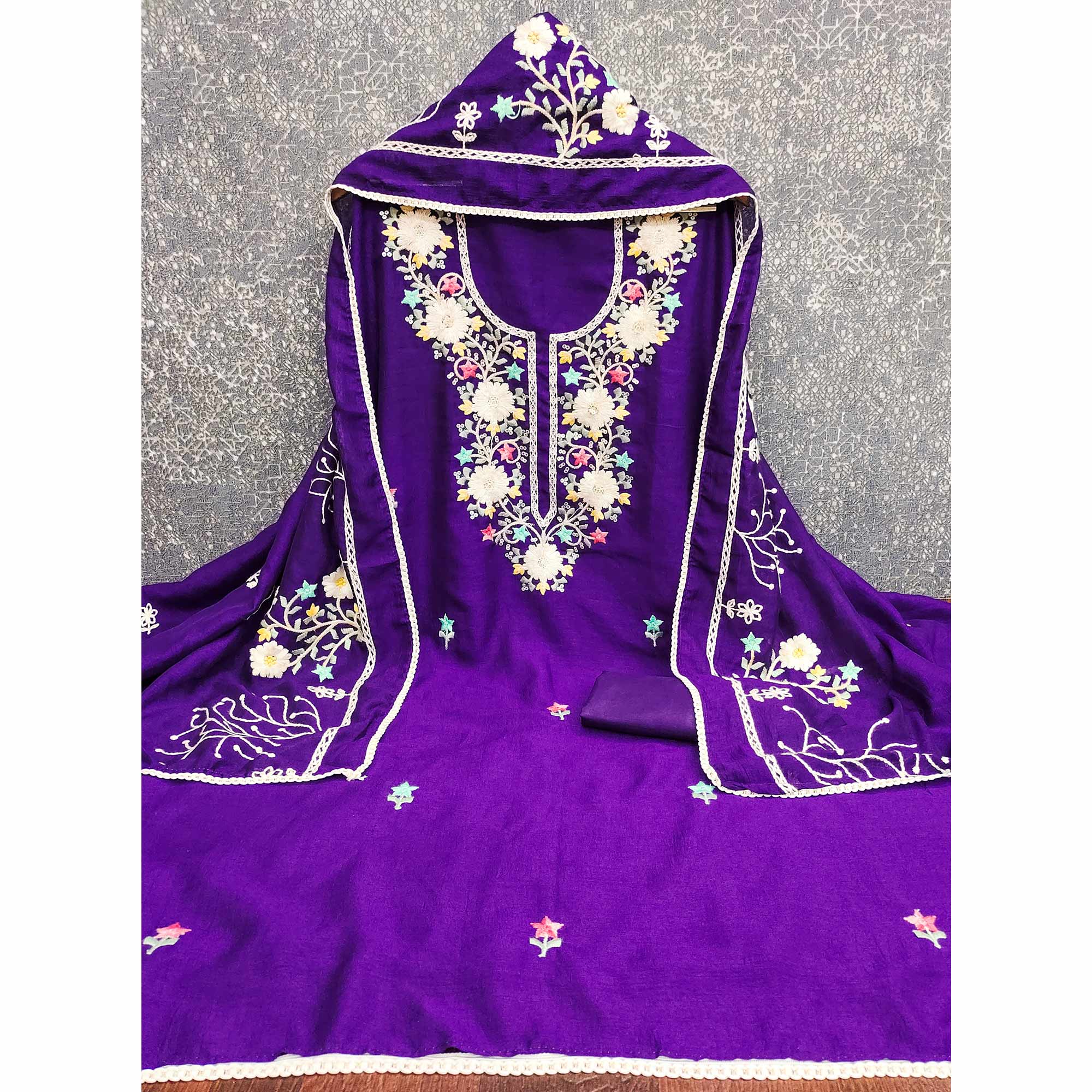Stylish Purple Floral Thread & Sequins Detailed Embroidery Vichitra Silk Dress Material