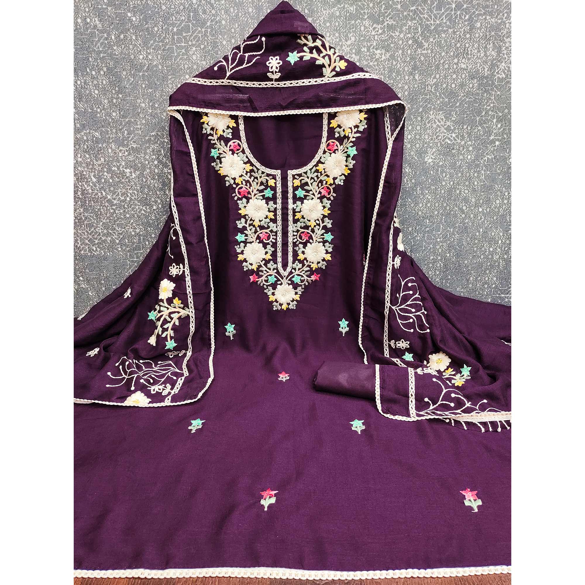 Stylish Wine Floral Thread & Sequins Detailed Embroidery Vichitra Silk Dress Material