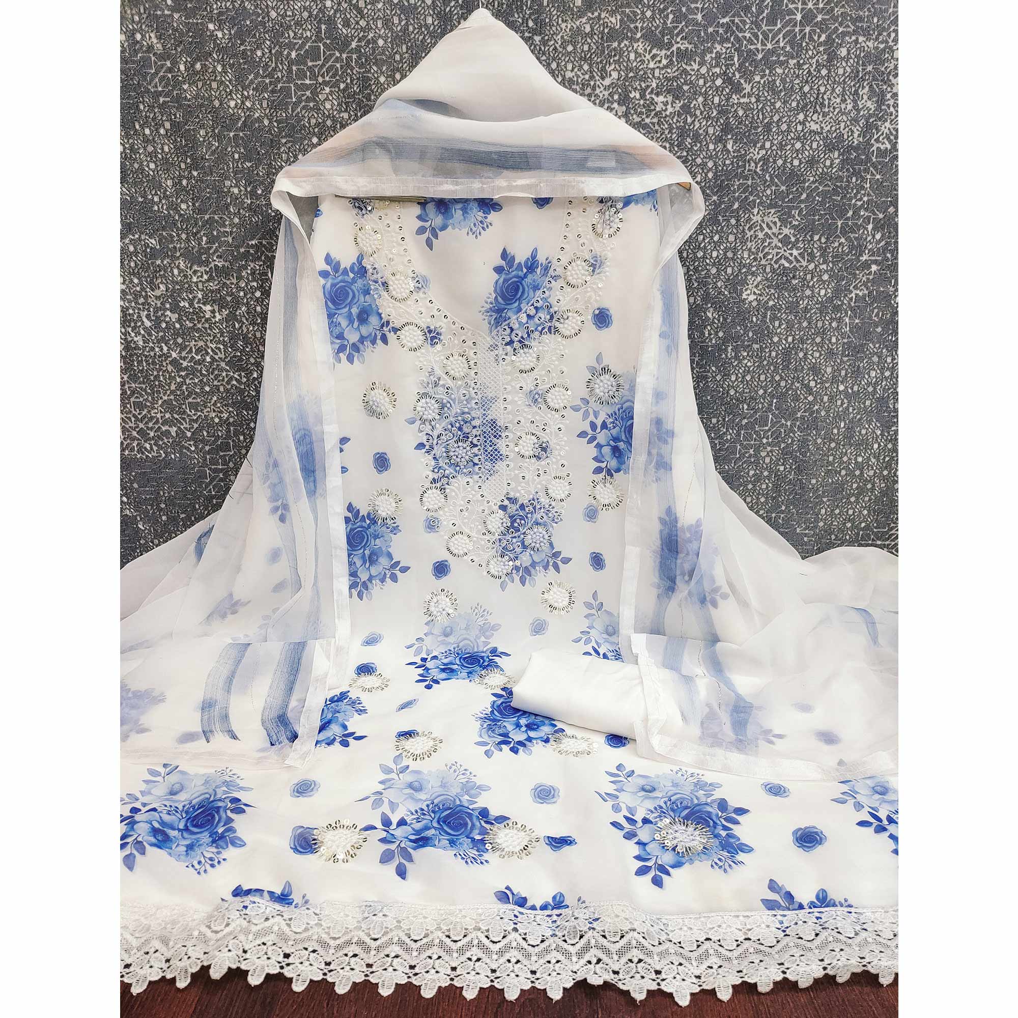 White & Blue Floral Sequins Embroidered Georgette Dress Material With Artistic Digital Prints