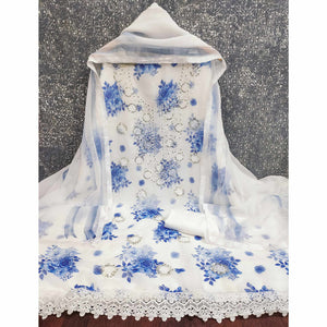 White & Blue Floral Sequins Embroidered Georgette Dress Material With Artistic Digital Prints
