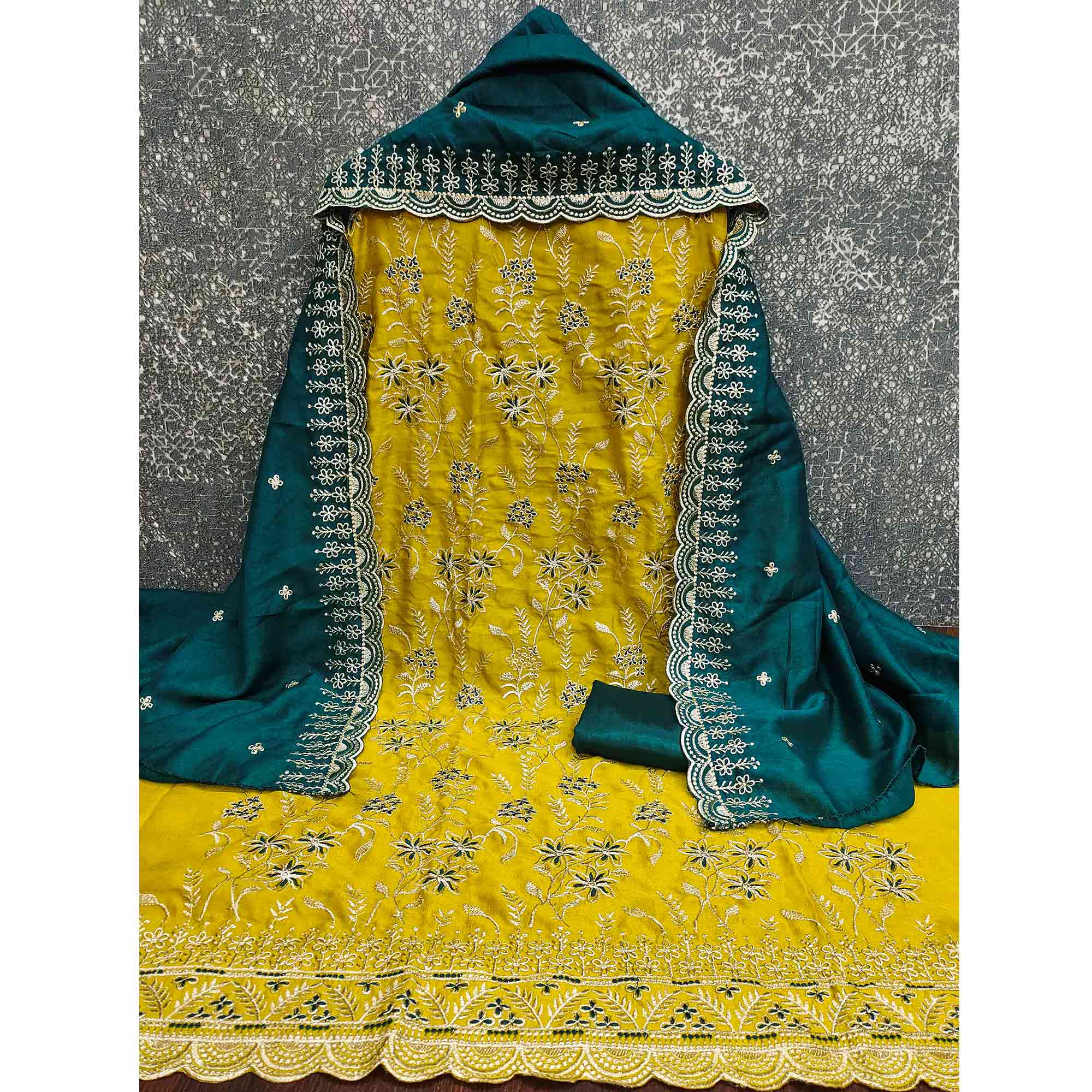 Graceful Mustard Vichitra Silk Dress Material Adorned With Intricate Floral Thread Embroidery
