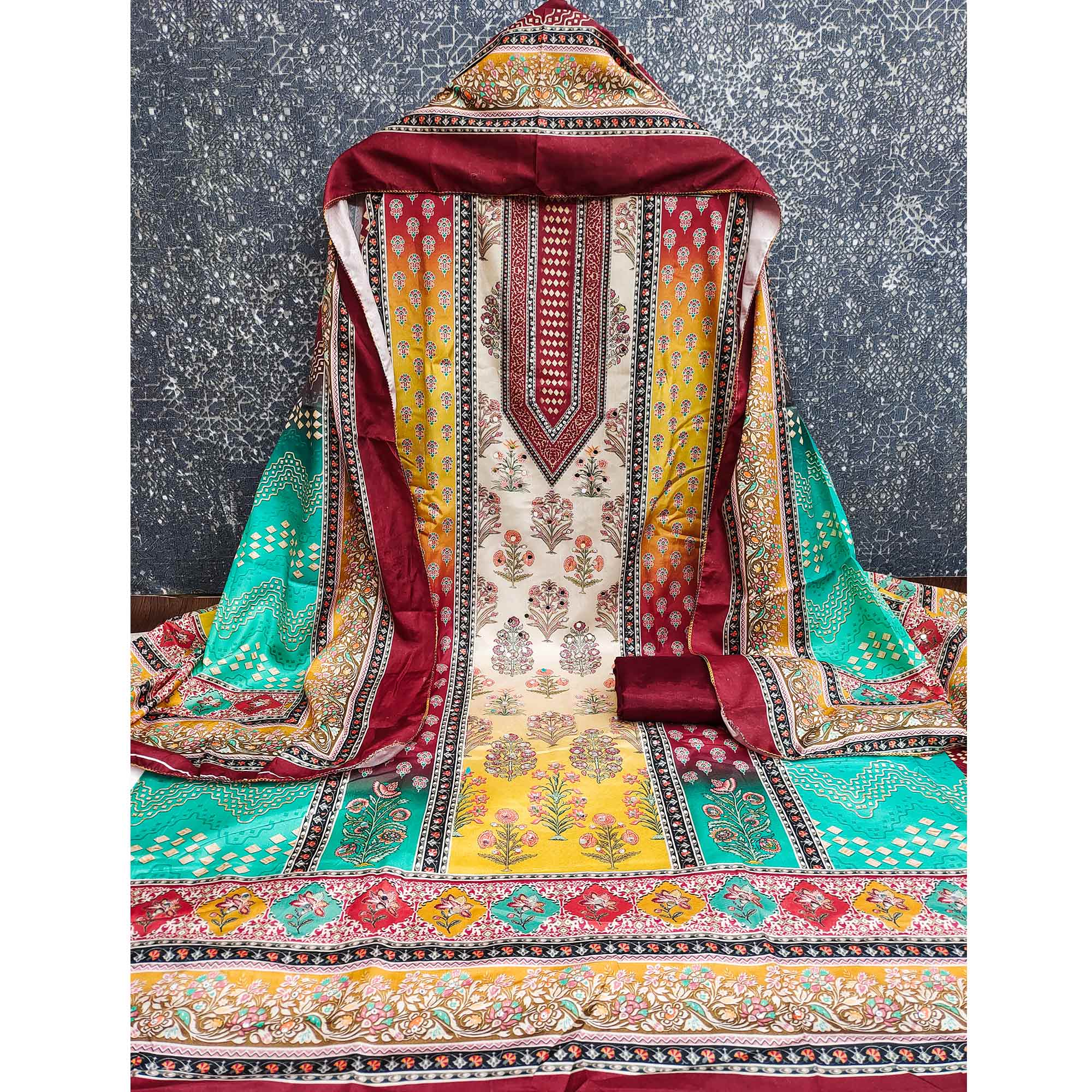 Elegant Maroon Floral Digital Printed Crepe Dress Material With Mirror Work