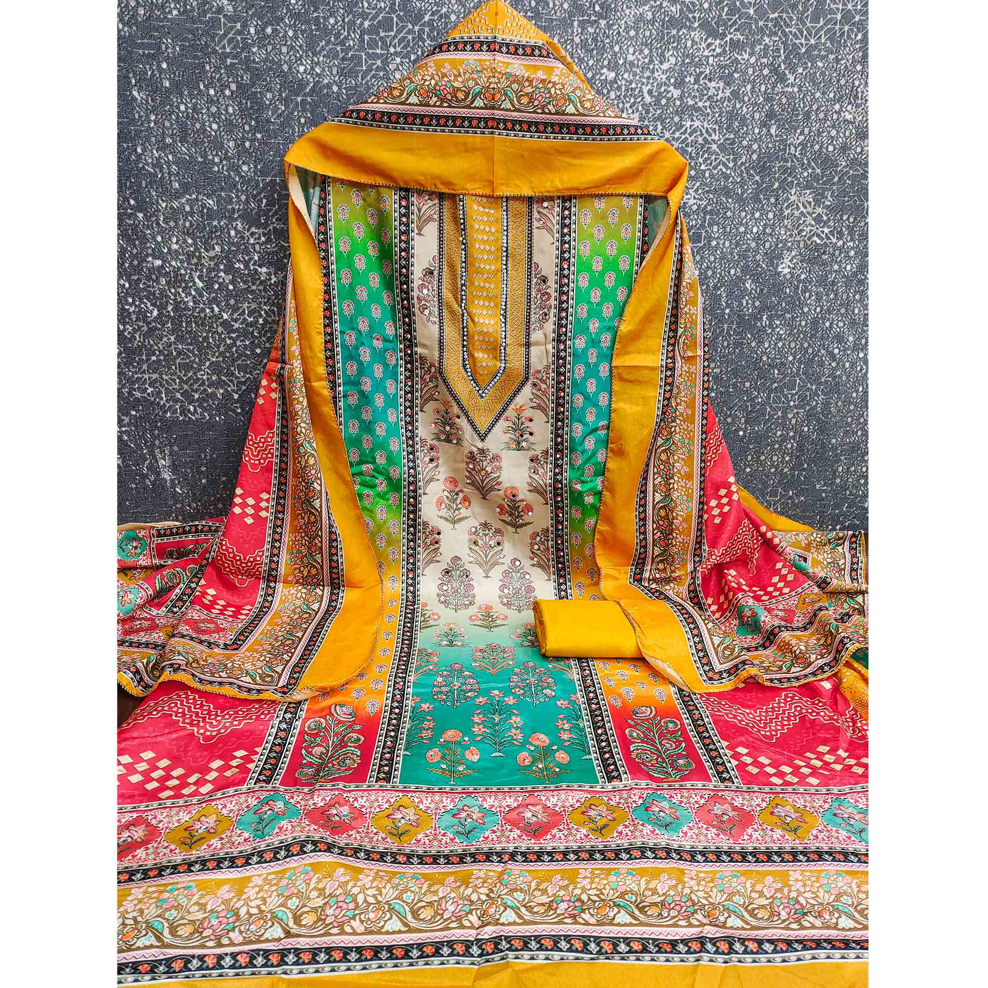 Elegant Mustard Floral Digital Printed Crepe Dress Material With Mirror Work