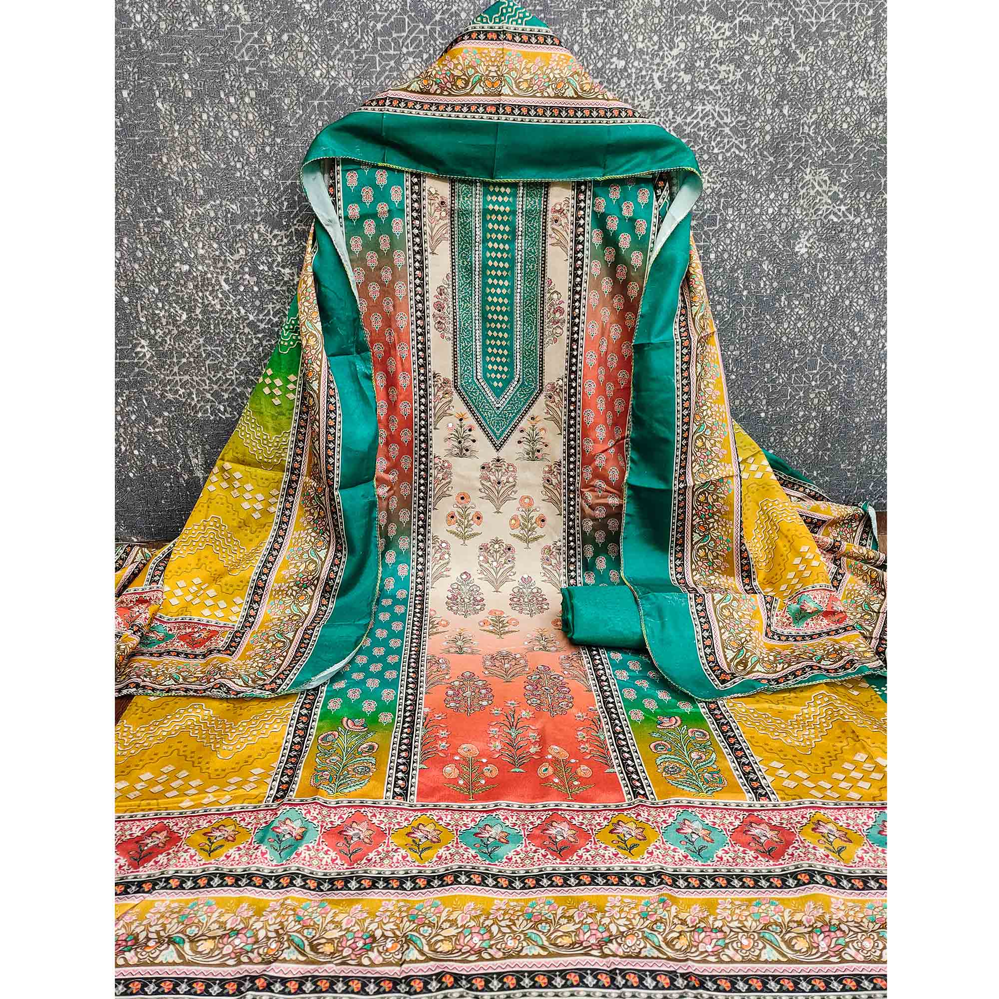 Elegant Rama Green Floral Digital Printed Crepe Dress Material With Mirror Work