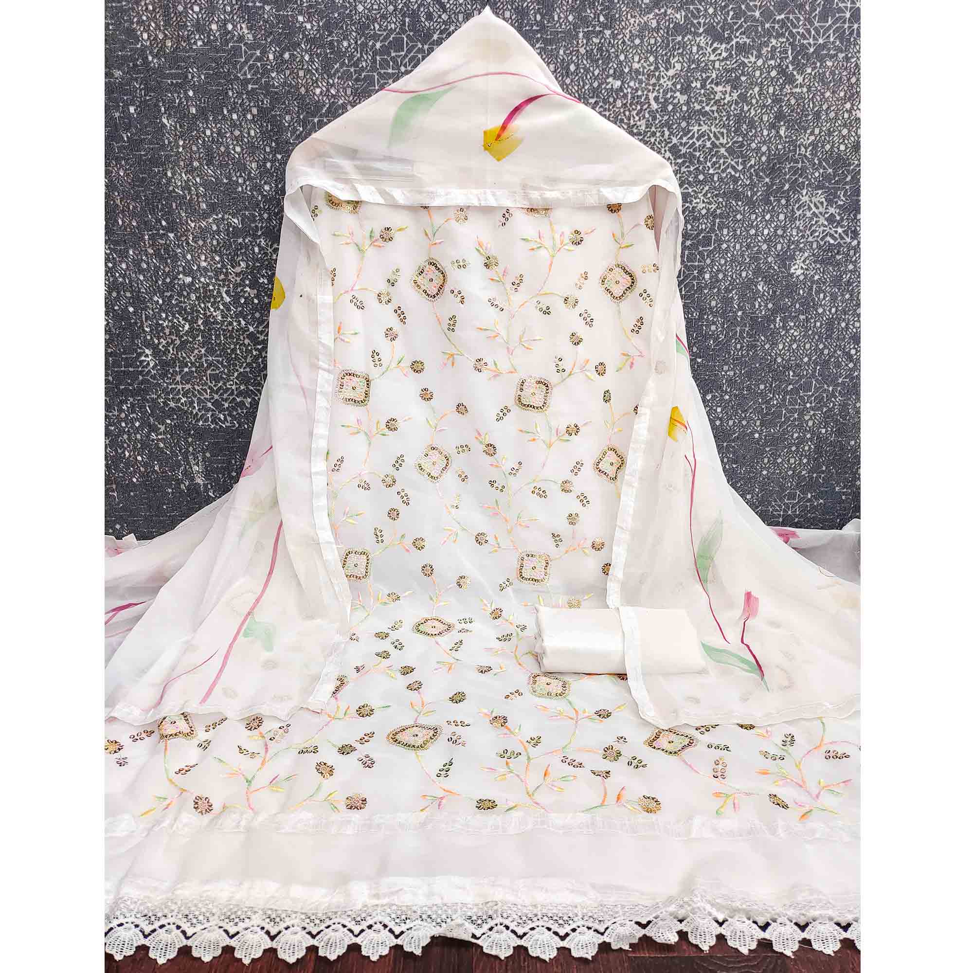 Premium White Floral Embroidery Georgette Dress Material Accented With Sequins Work