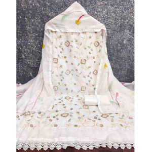 Premium White Floral Embroidery Georgette Dress Material Accented With Sequins Work