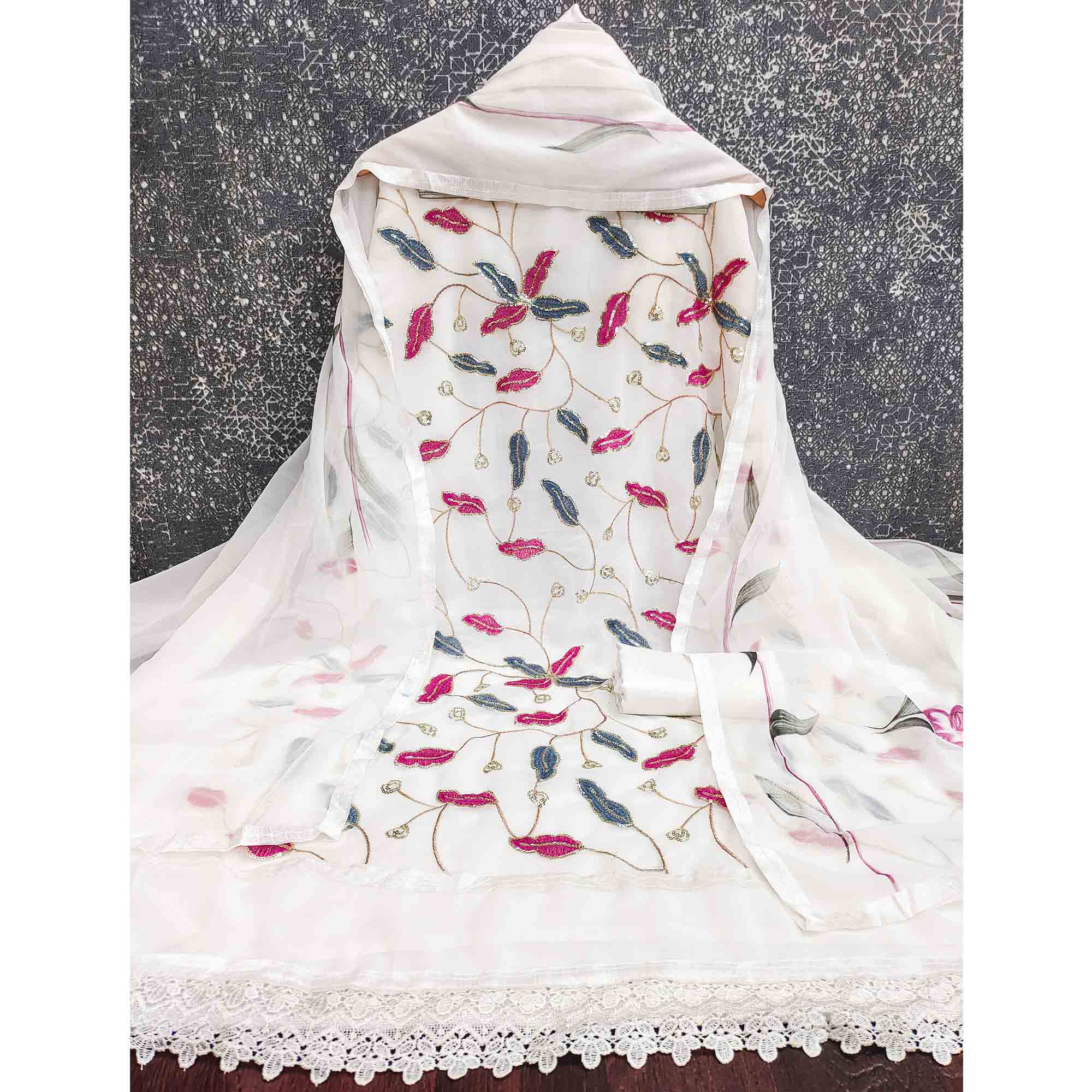 Charming White Floral Embroidery Georgette Dress Material With Sequins Work