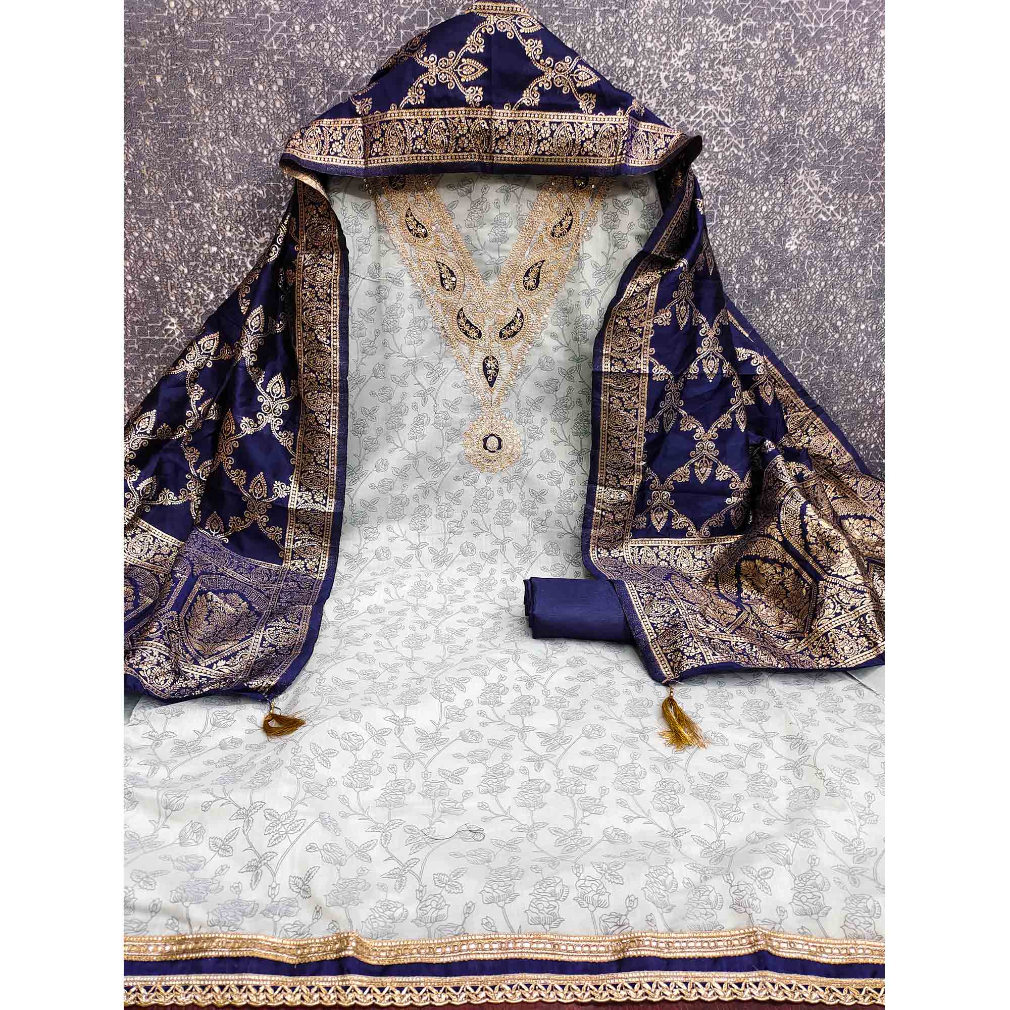 Classic Grey Floral Printed Chanderi Silk Dress Material With Intricate Cording Embroidery