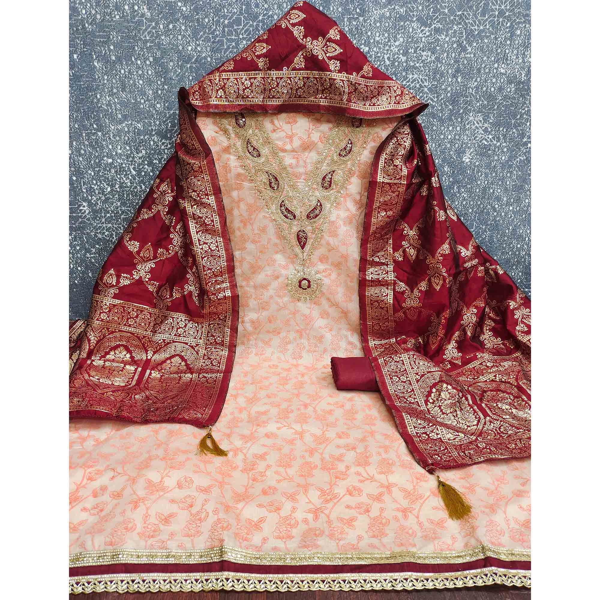 Classic Peach Floral Printed Chanderi Silk Dress Material With Intricate Cording Embroidery