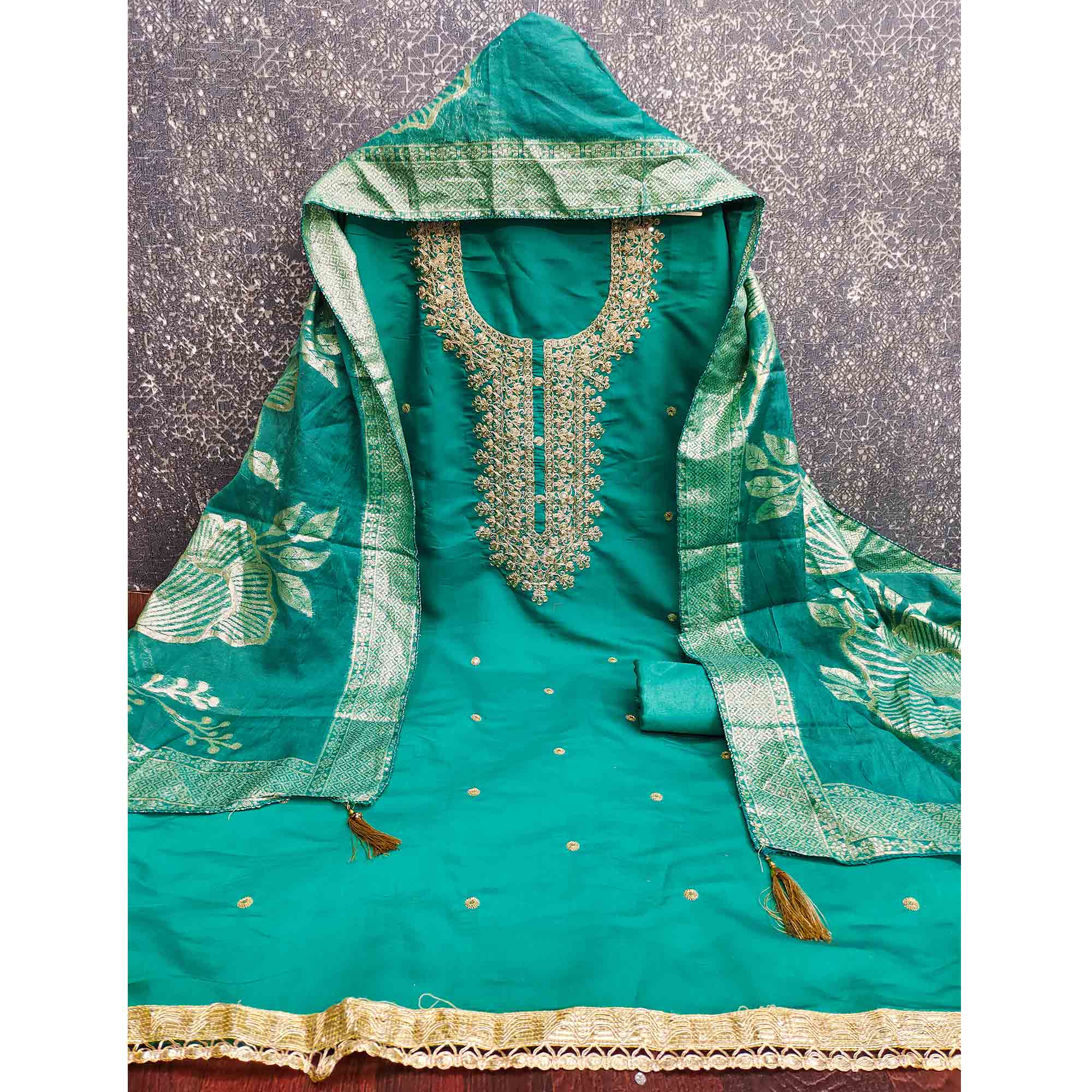 Vibrant Rama Blue Floral Cording Embroidery Silk Blend Dress Material Adorned With Sequins Work