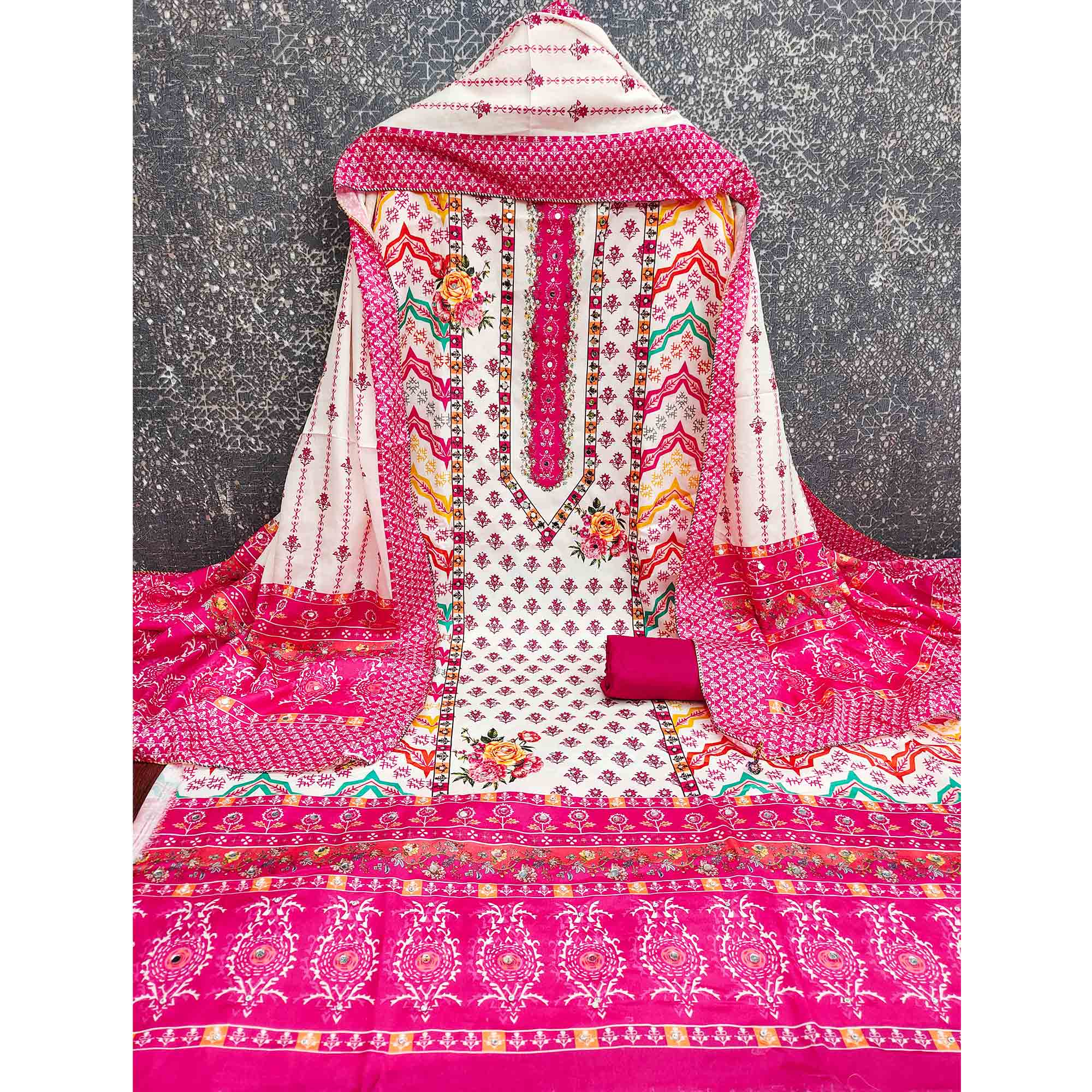 Rani Pink Crepe Dress Material With Vibrant Floral Digital Print & Mirror Embellishment