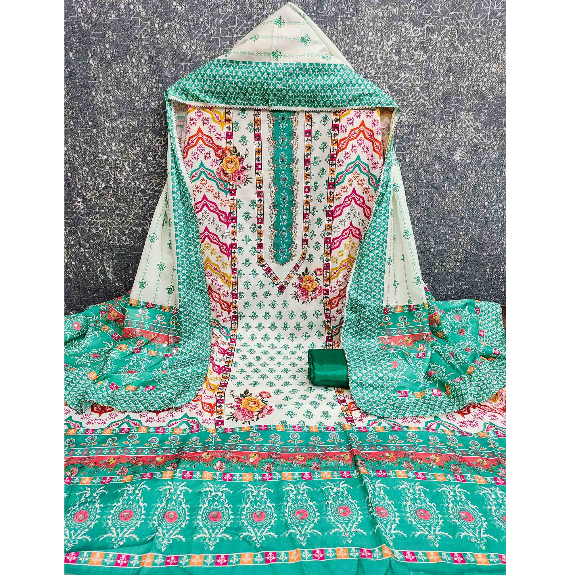 Turquoise Crepe Dress Material With Vibrant Floral Digital Print & Mirror Embellishment