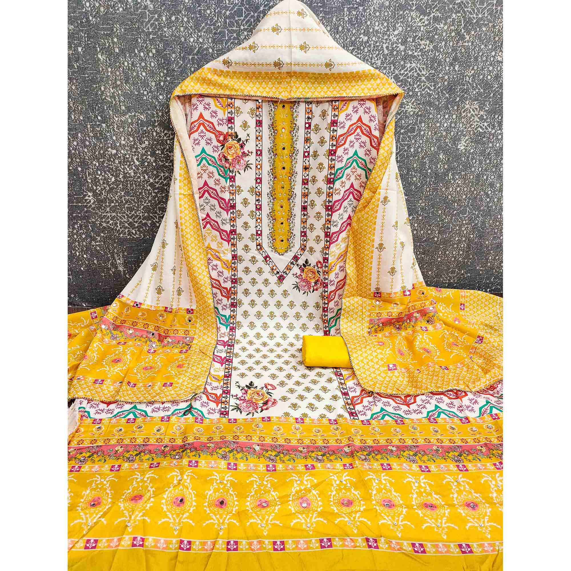 Yellow Crepe Dress Material With Vibrant Floral Digital Print & Mirror Embellishment