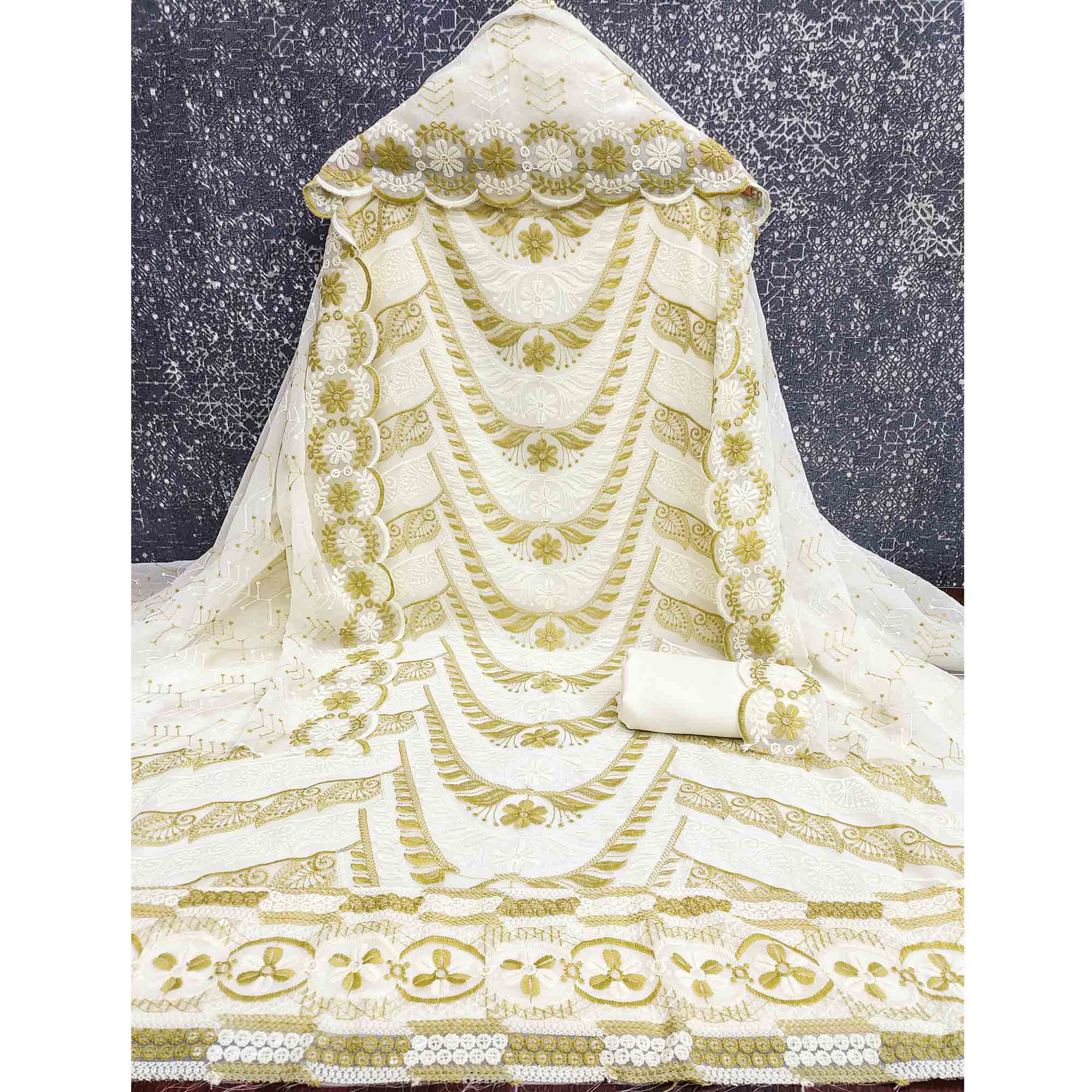 Cream & Olive Heavy Embroidered Georgette Dress Material Enhanced with Floral Resham Dupatta