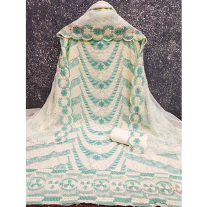 Cream & Rama Green Heavy Embroidered Georgette Dress MaterialEnhanced with Floral Resham Dupatta