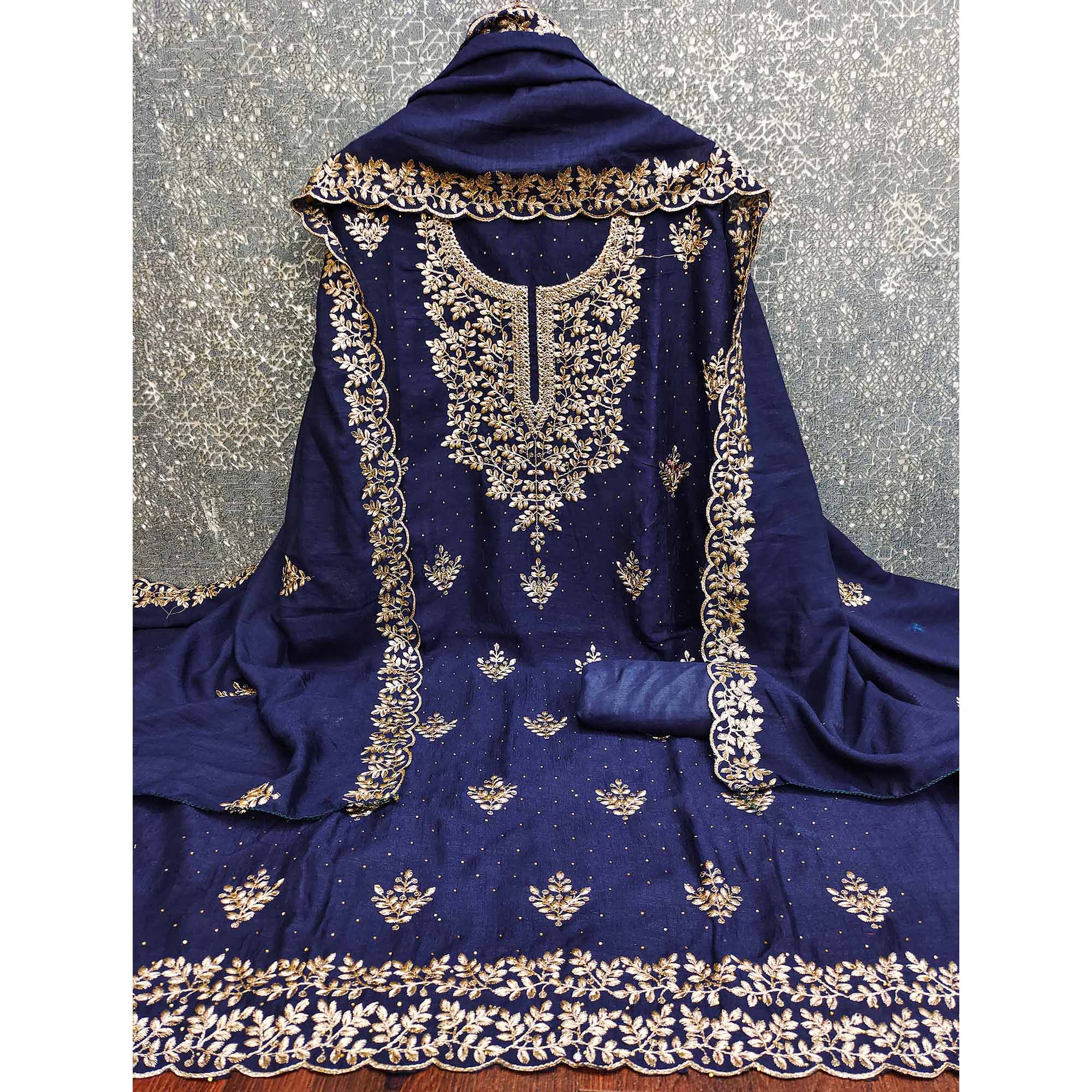 Navy Blue Floral Motif Vichitra Silk Dress Material Featuring Sequins Embroidery & Swarovski Work