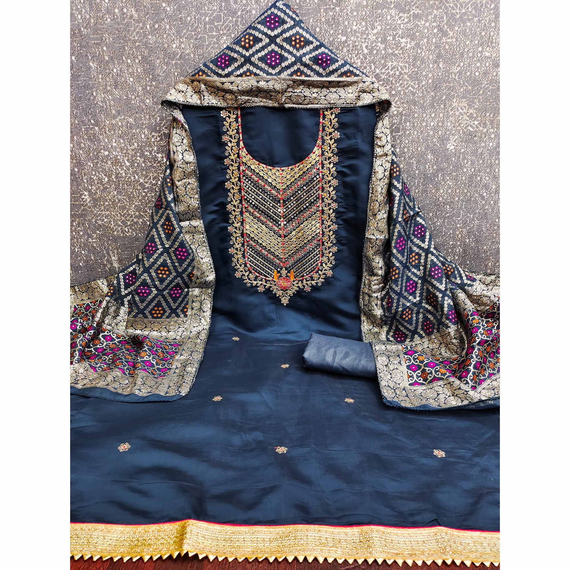 Blue Silk Blend Dress Material Adorned With Floral Cording Embroidery & Elegant Sequins Work