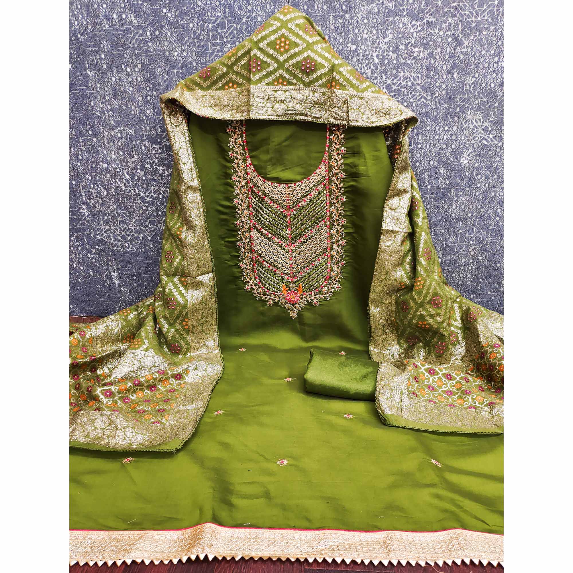 Mehendi Green Silk Blend Dress Material Adorned With Floral Cording Embroidery & Elegant Sequins