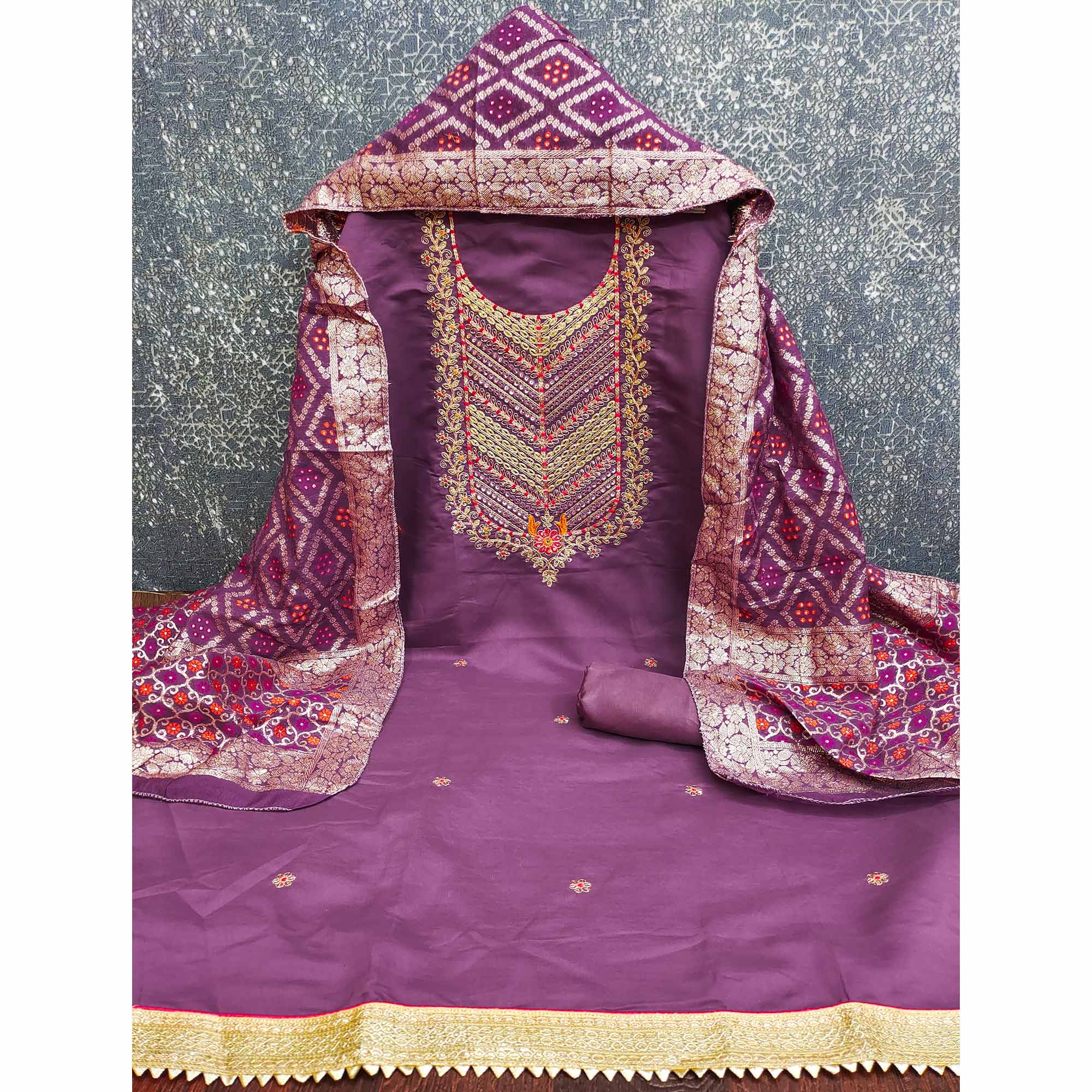 Purple Silk Blend Dress Material Adorned With Floral Cording Embroidery & Elegant Sequins Work