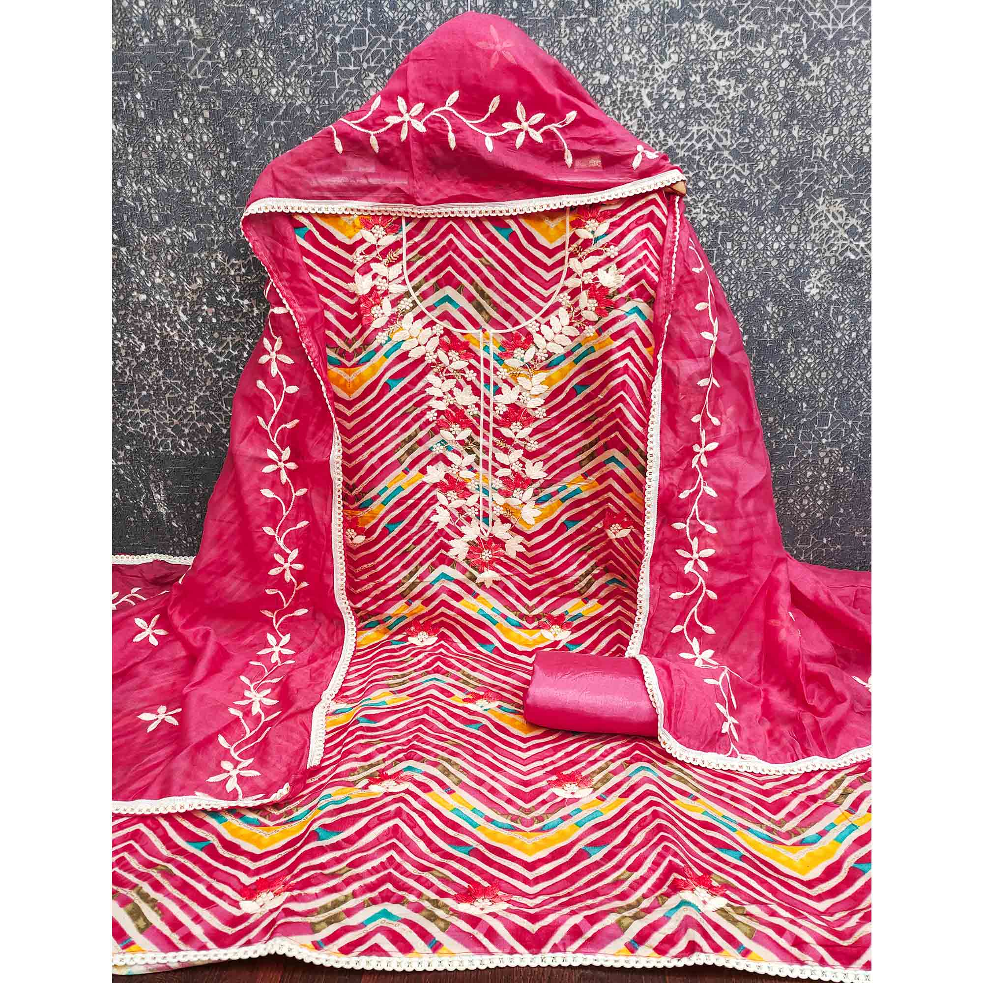 Exclusive Pink Floral Embroidered Silk Blend Dress Material With Artistic Zig Zag Print