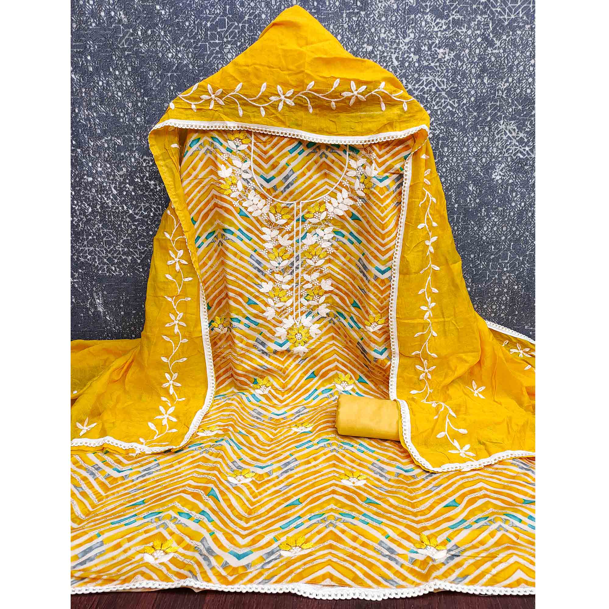 Exclusive Yellow Floral Embroidered Silk Blend Dress Material With Artistic Zig Zag Print