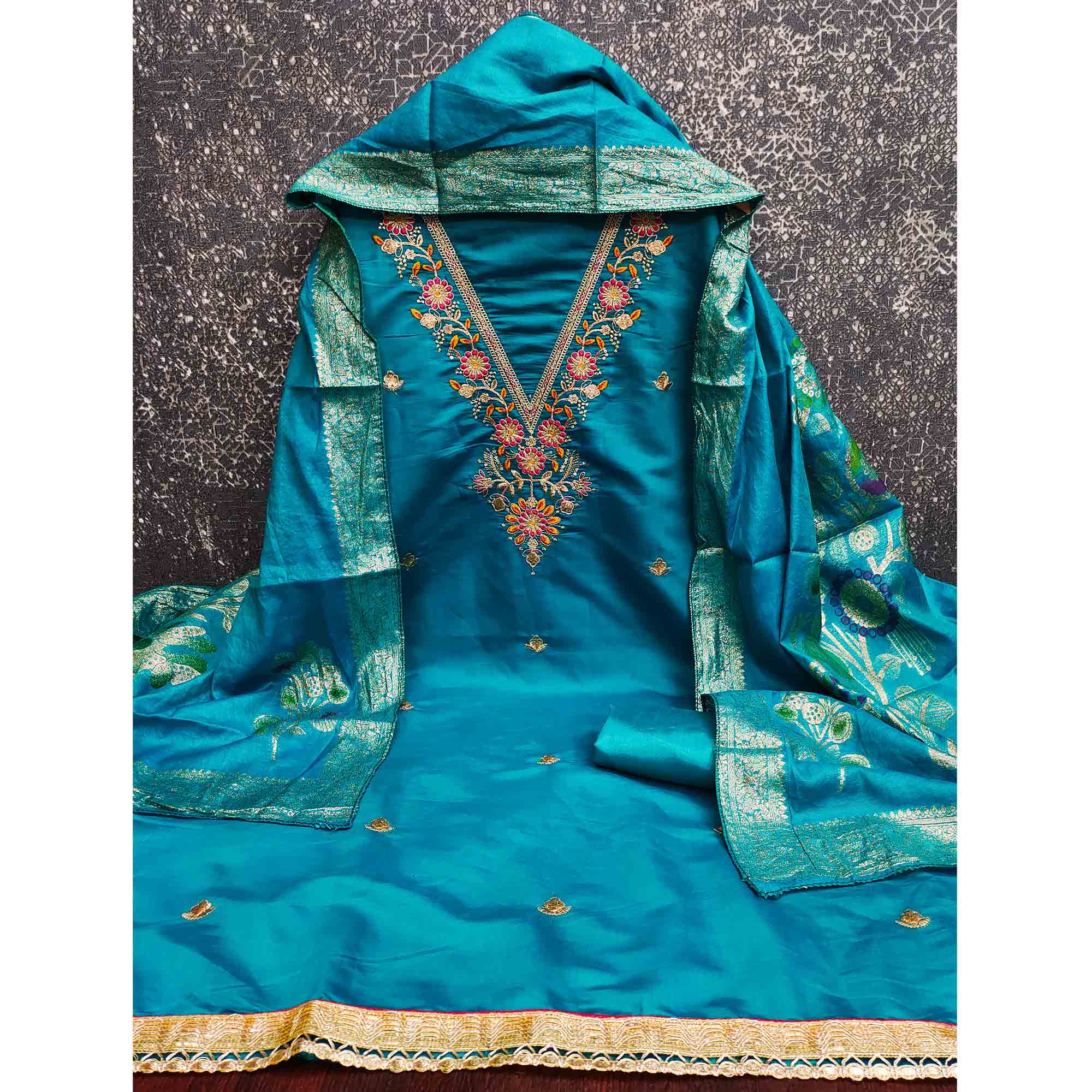 Exclusive Blue Floral Cording Embroidered Silk Blend Dress Material With Luxe Sequins Work