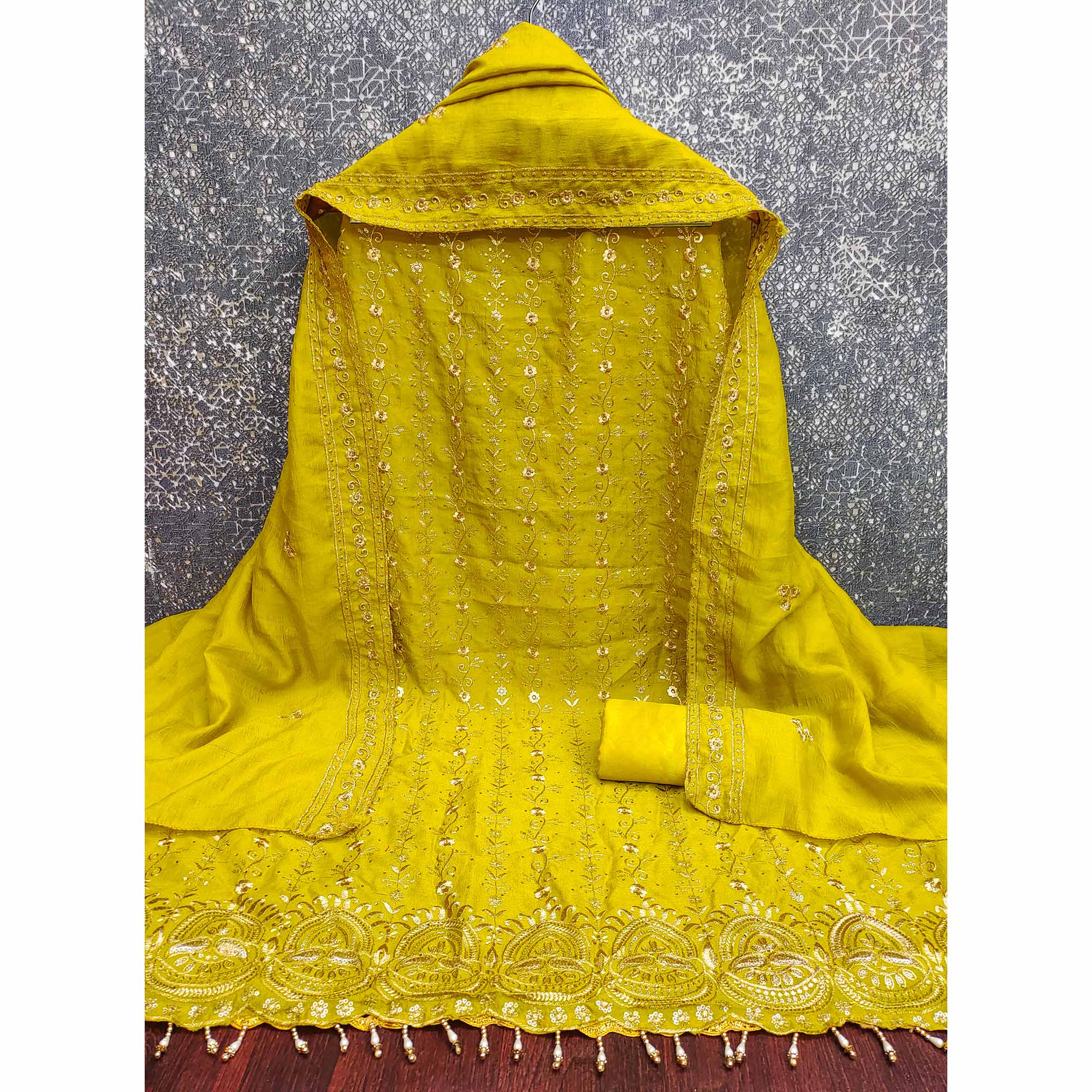 Lemon Yellow Floral Vichitra Silk Dress Material Adorned With Floral Embroidery & Swarovski Work
