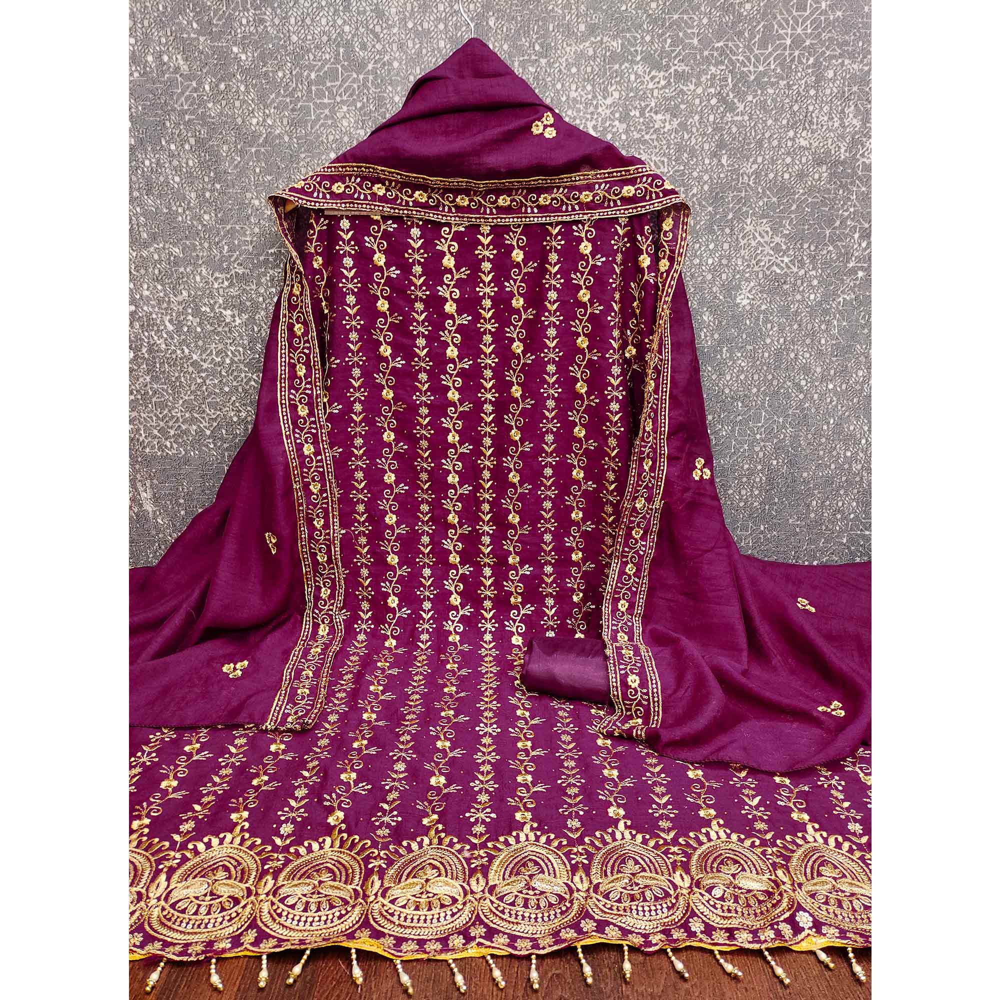 Purple Floral Vichitra Silk Dress Material Adorned With Floral Embroidery & Swarovski Work