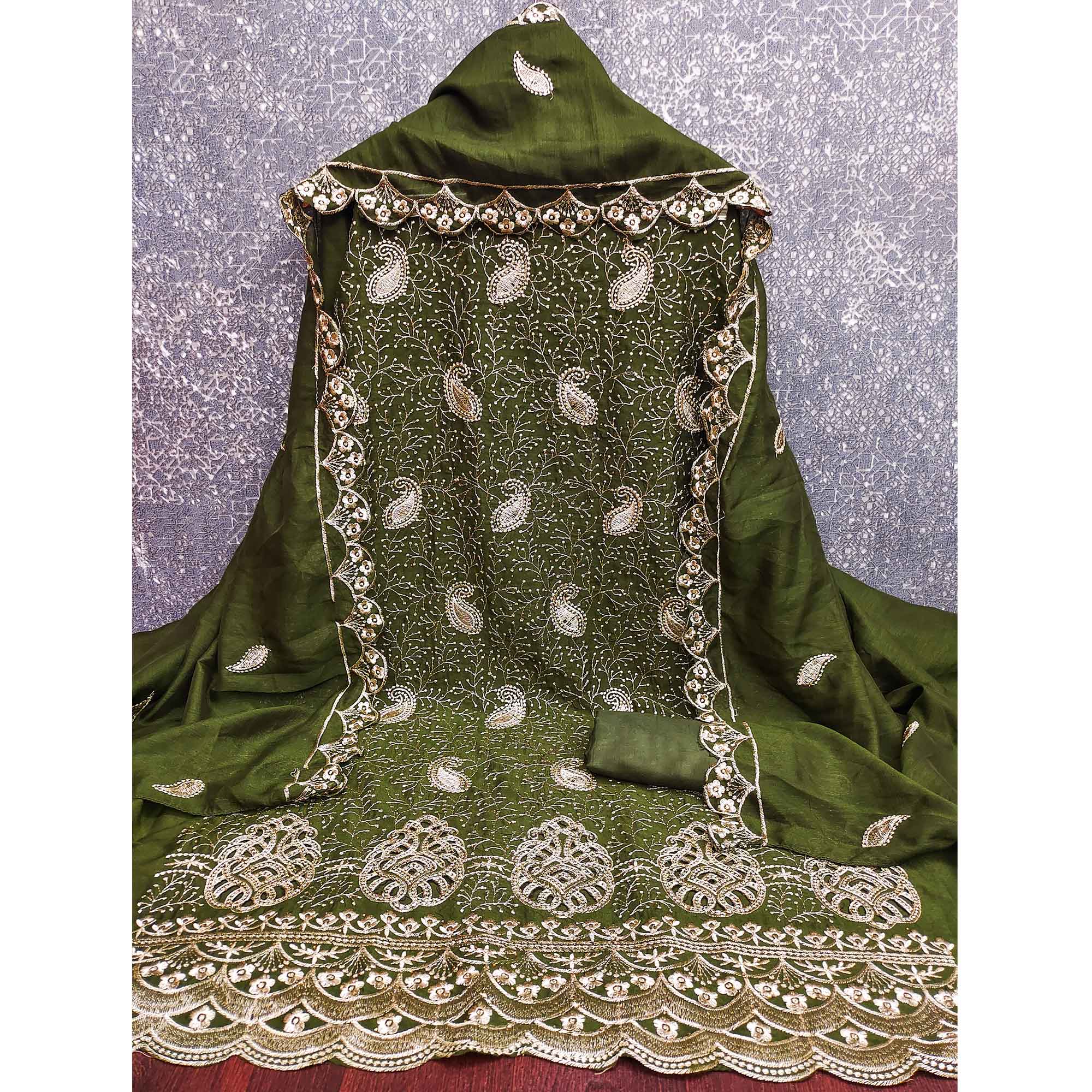 Mehendi Green Vichitra Silk Dress Material Showcasing Paisley & Floral Embroidery With Swarovski