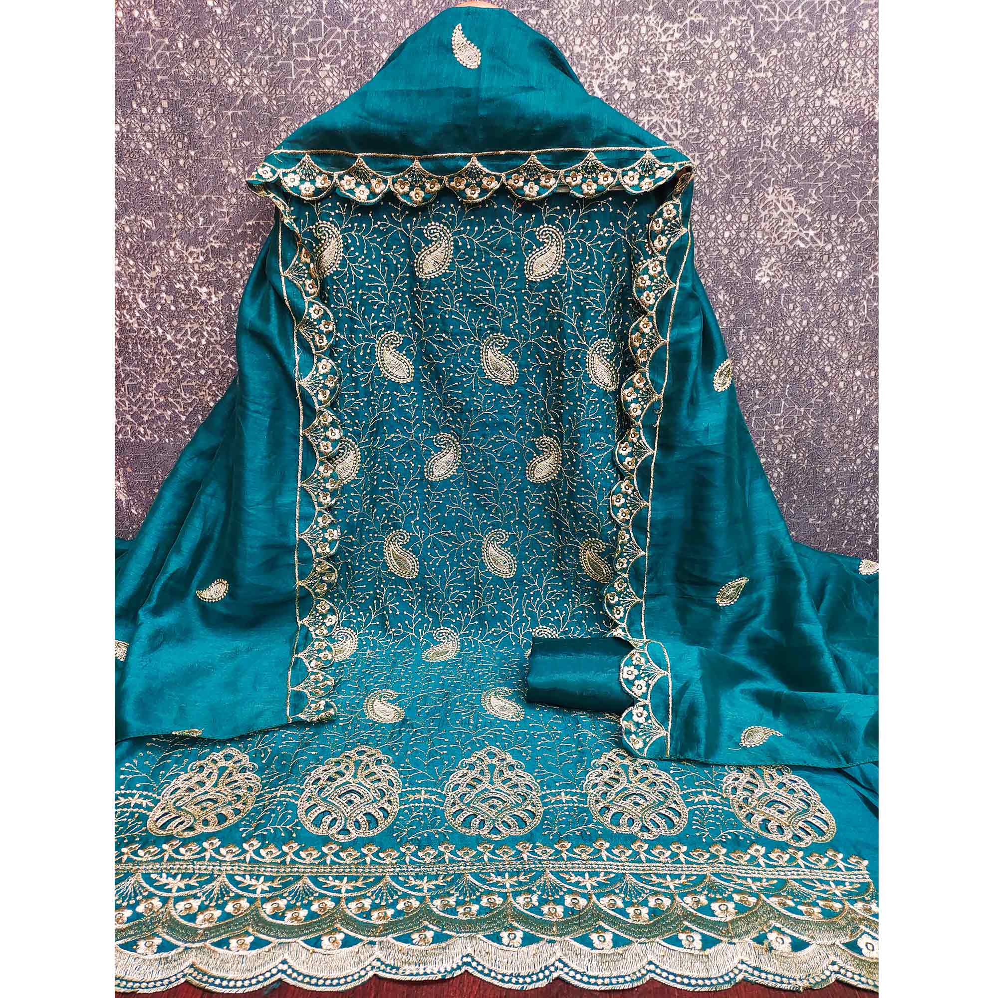 Morpich Blue Vichitra Silk Dress Material Showcasing Paisley & Floral Embroidery With Swarovski