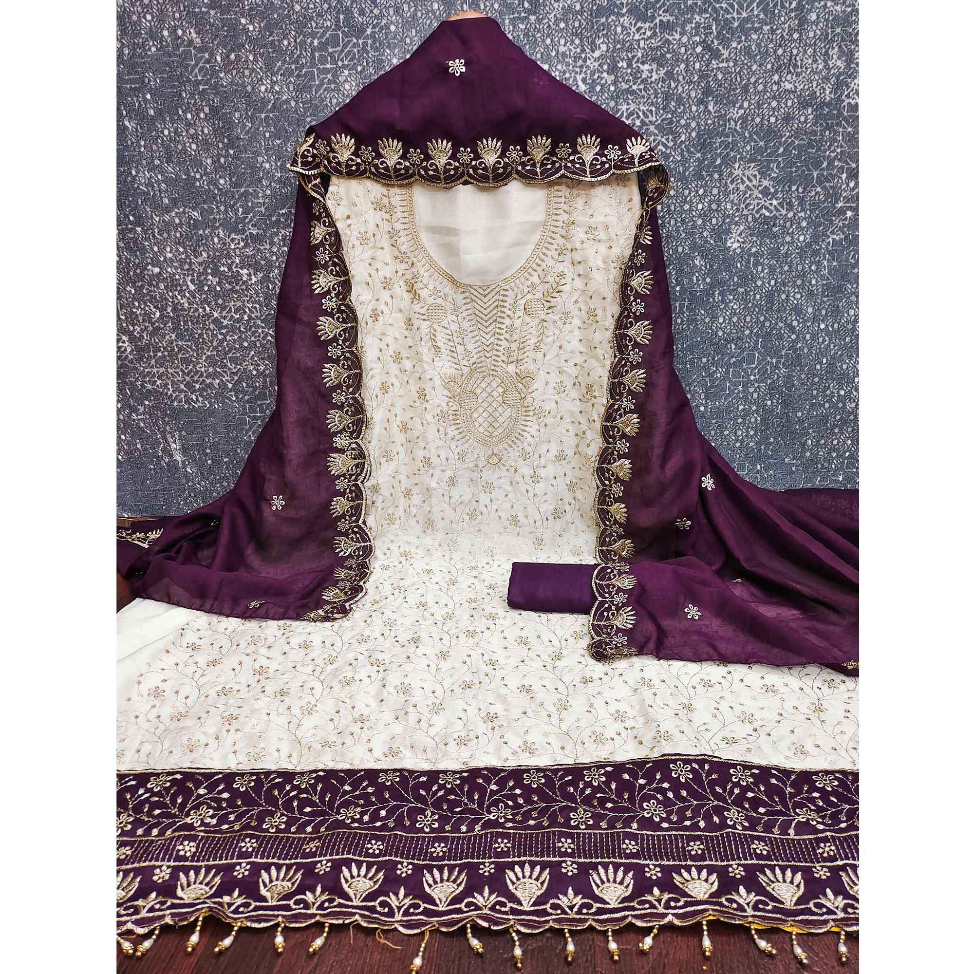 Chic OffWhite & Purple Vichitra Silk Dress Material Adorned With Floral Embroidery