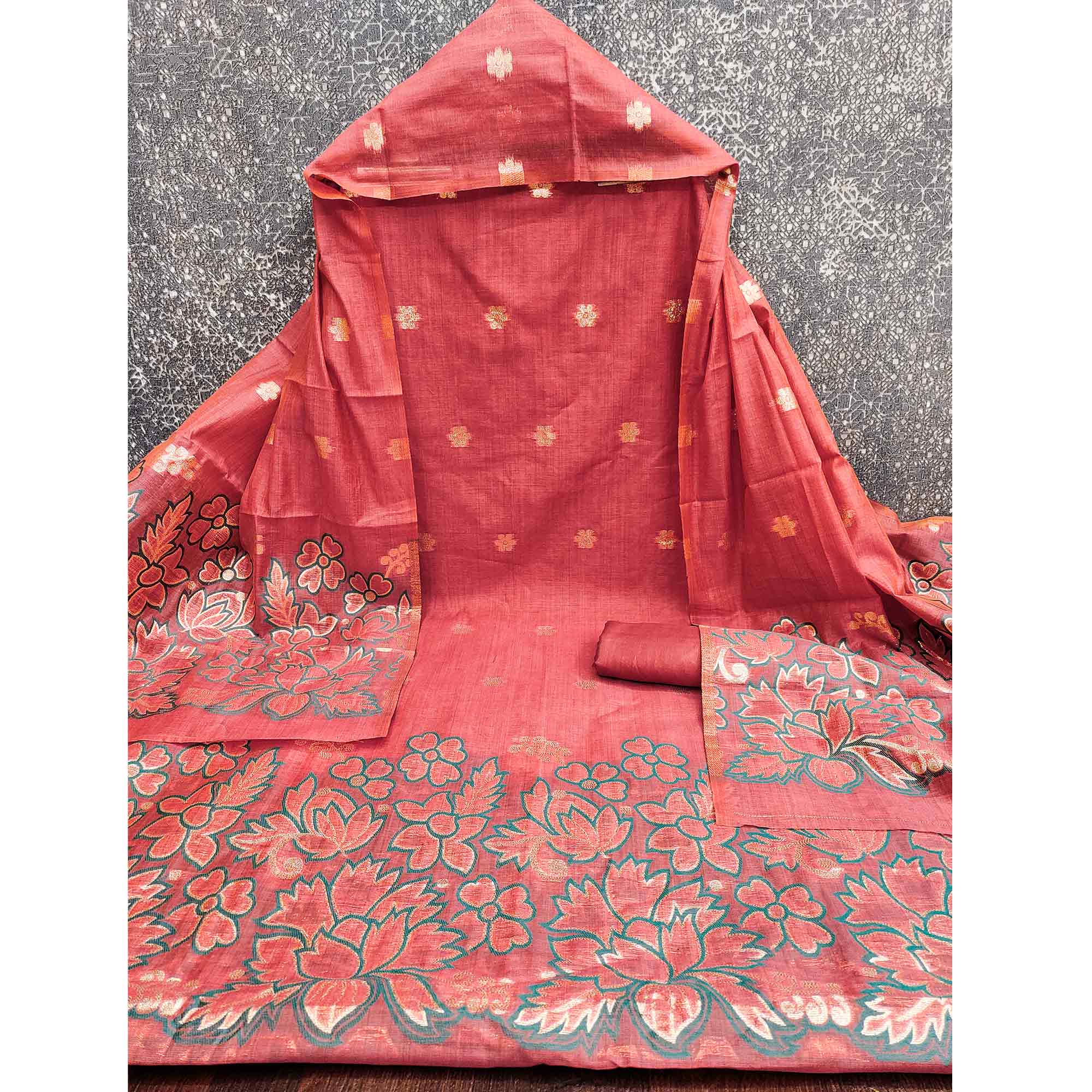 Graceful Brick Red Jamdani Art Silk Dress Material Adorned With Intricate Floral Weaving Work