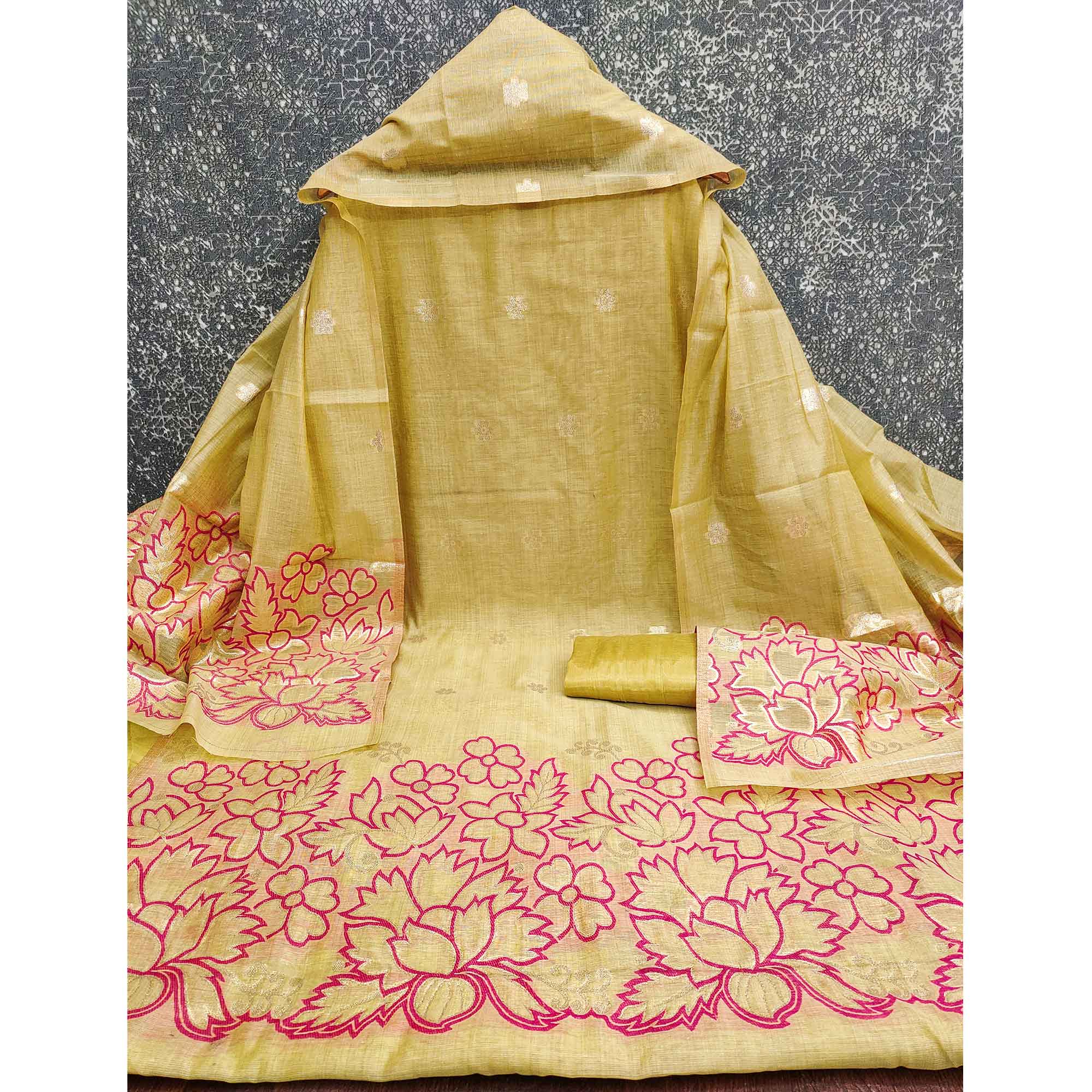 Graceful Chikoo Jamdani Art Silk Dress Material Adorned With Intricate Floral Weaving Work